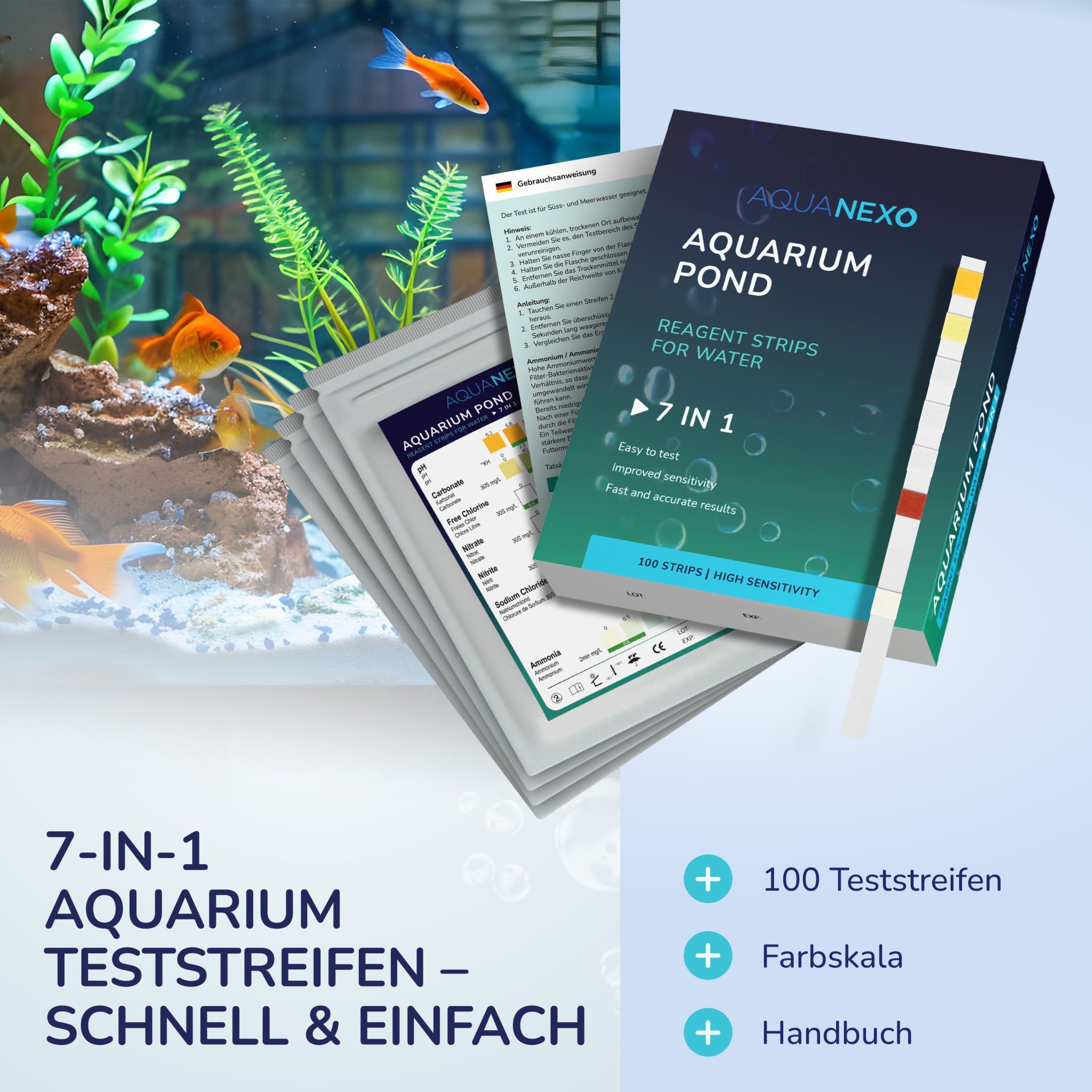Produktverpackung mit Teststreifen und Farbskala. Aquanexo Aquarium Pond. 7-in-1-Teststreifen. Hintergrund: Aquarium mit Fischen.