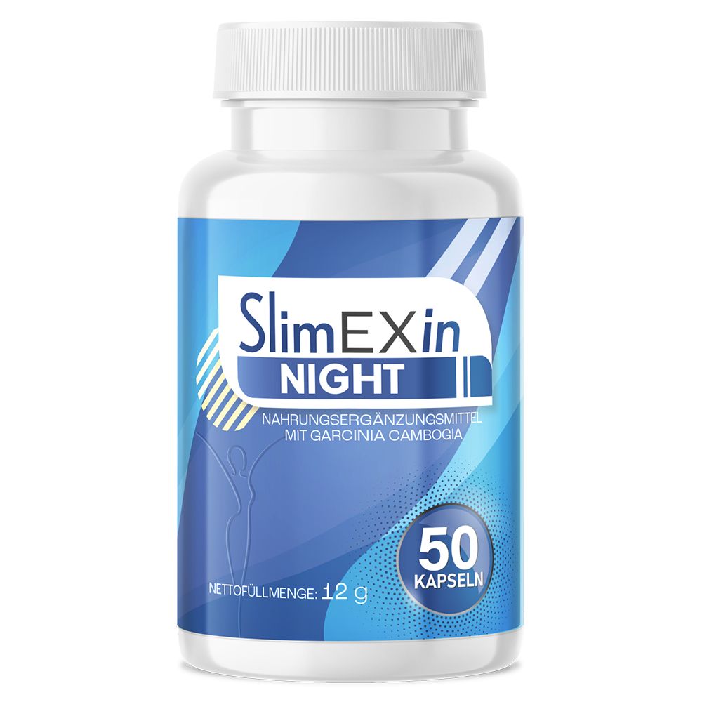 SlimEXin Night Flasche. Nahrungsergänzungsmittel mit Garcinia Cambogia. 50 Kapseln. Weiße Kappe, blaue Etikett.