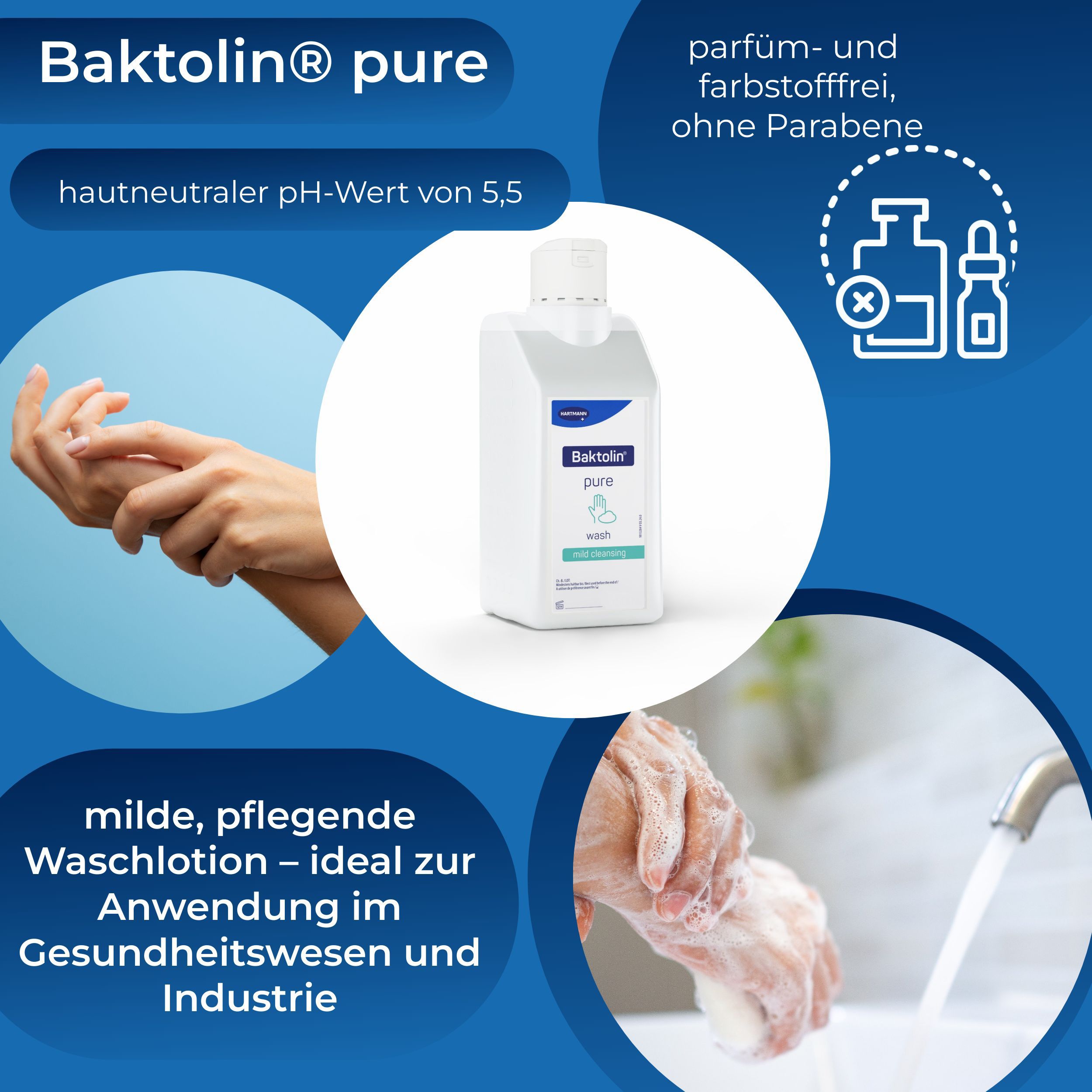 Baktolin pure Flasche. Hautneutraler pH-Wert. Waschlotions-Anwendung im Gesundheitswesen und Industrie. Ohne Parfüm und Farbstoffe.