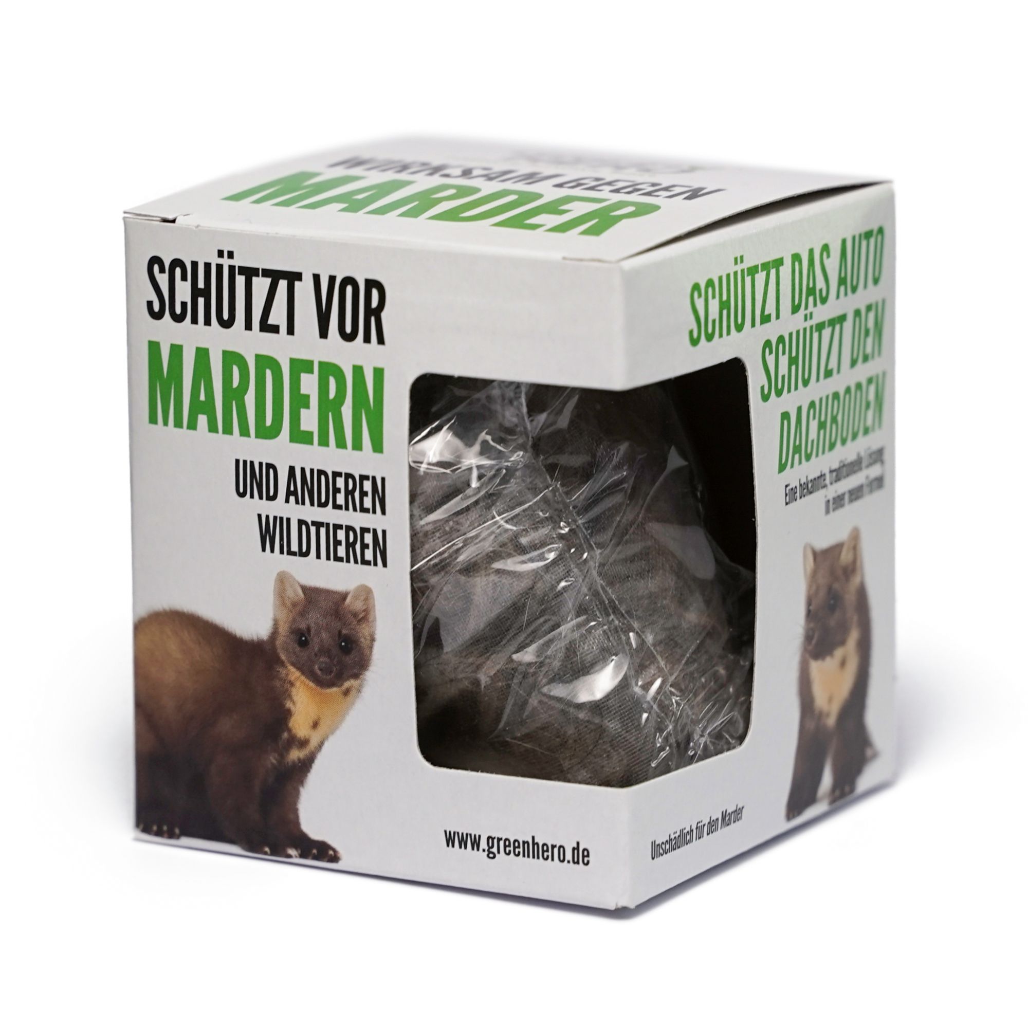 Weißer Karton mit Produktabbildung und Text. Durch ein Fenster ist ein Beutel mit Inhalt sichtbar. Aufschrift: Schützt vor Mardern.