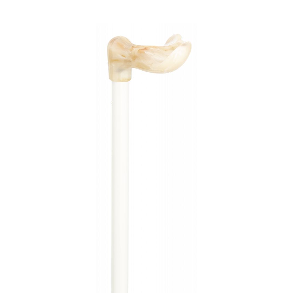 Blindenstock mit gebogenem Griff. Griff in Beige-Tönen, Stock weiß. Höhenverstellbar.