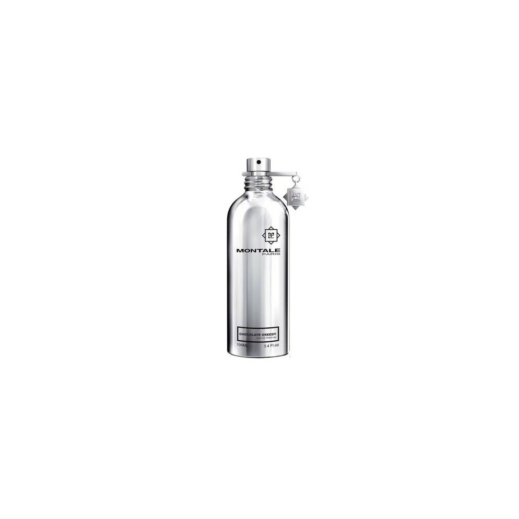Montale Chocolate Greedy Eau de Parfum Spray in silberner Flasche, isoliert.
