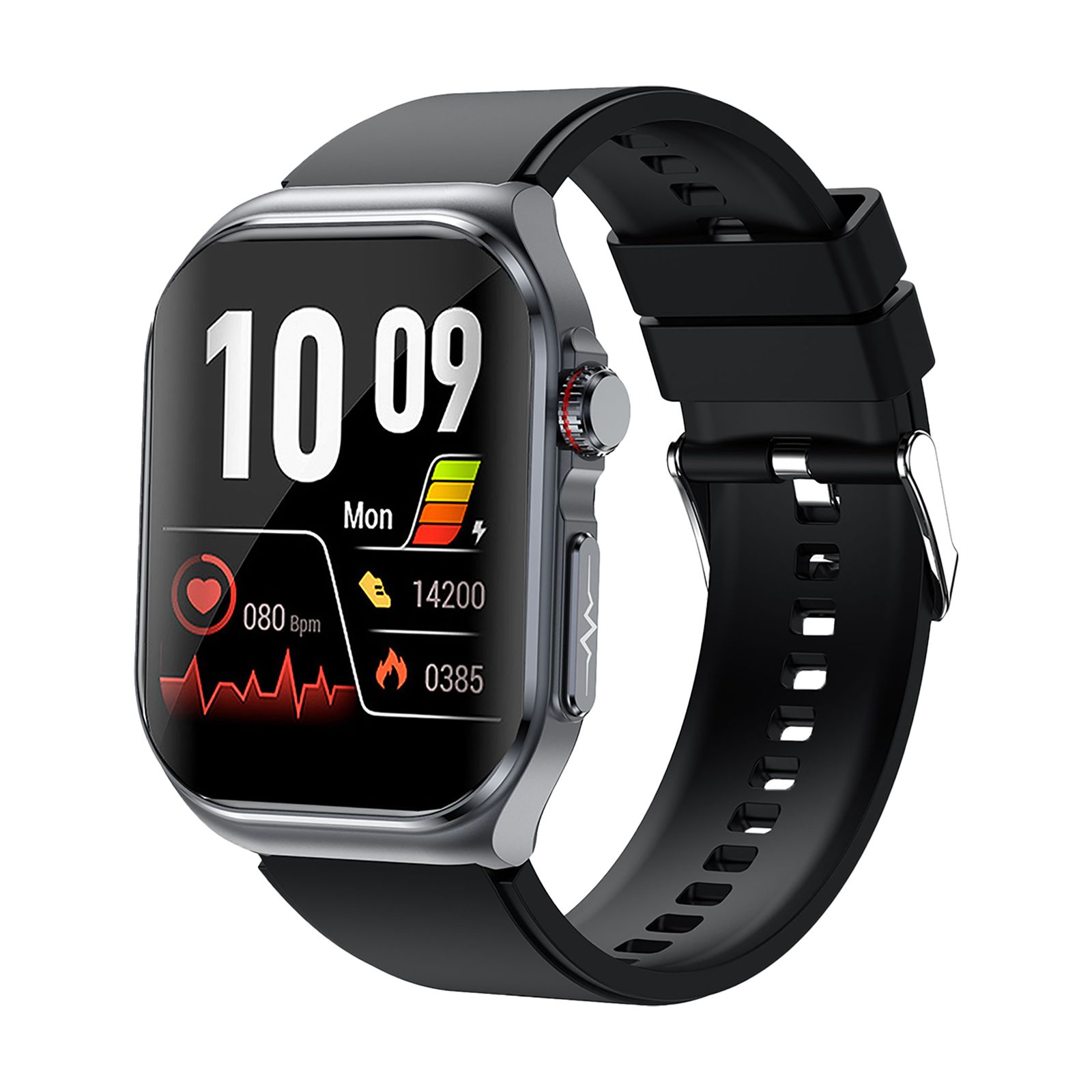 Smartwatch mit schwarzem Armband. Anzeige mit Uhrzeit, Herzfrequenz, Aktivitätsdaten. Silberfarbenes Gehäuse, roter Knopf.