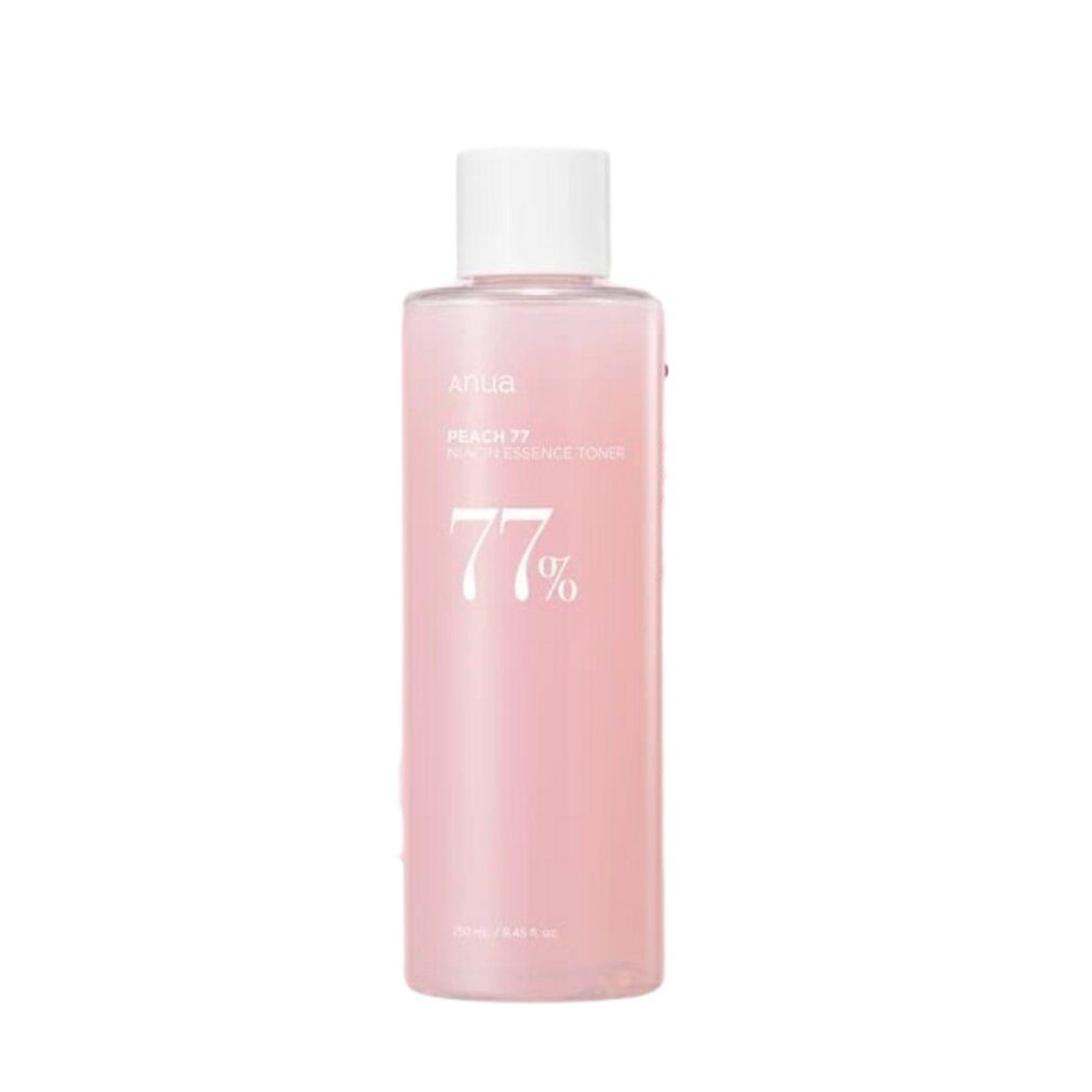 Eine Flasche ANUA Peach 77% Niacin Essence Toner mit weißem Deckel.