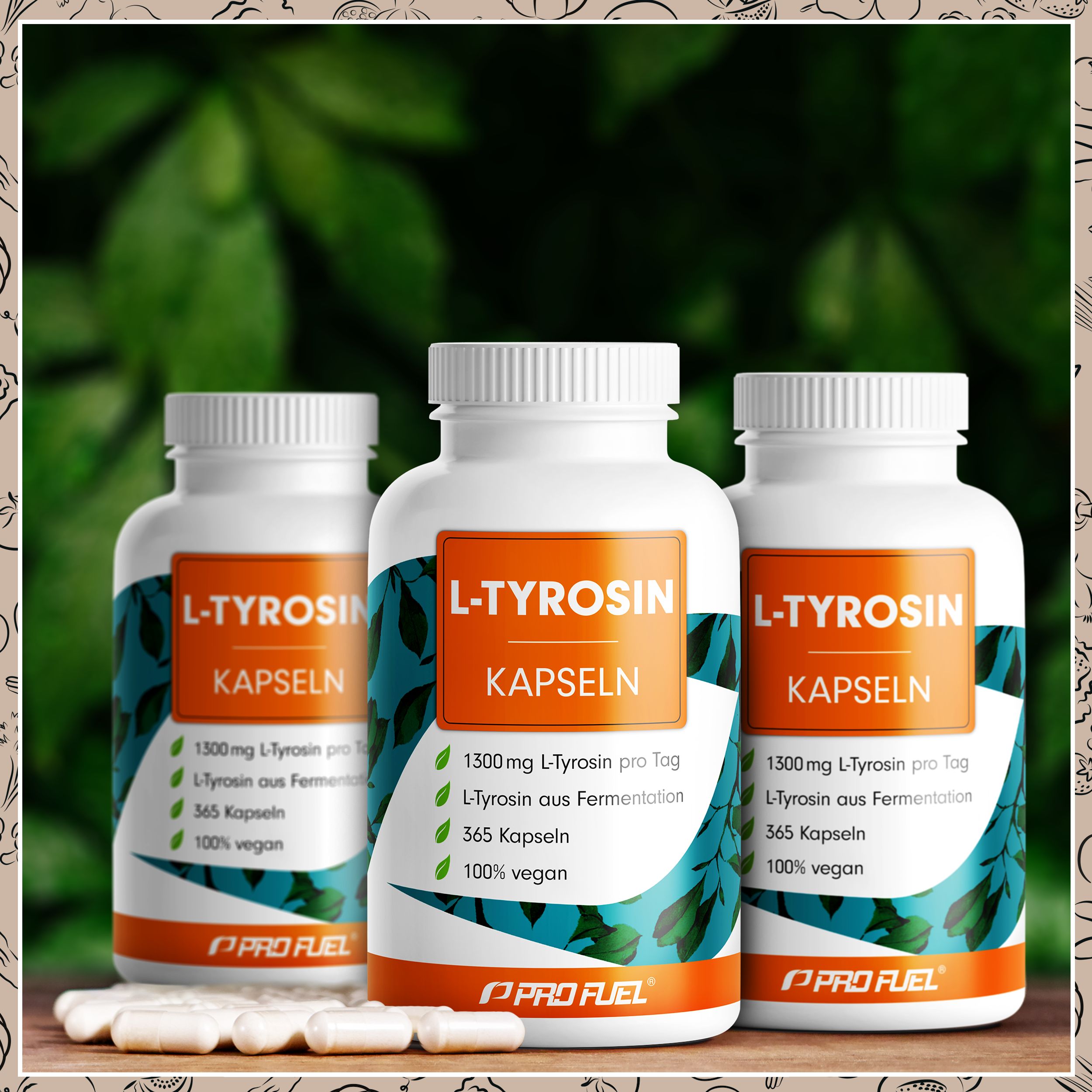 Drei Flaschen ProFuel L-Tyrosin Kapseln, 365 Kapseln pro Flasche, vegan, Made in Germany.
