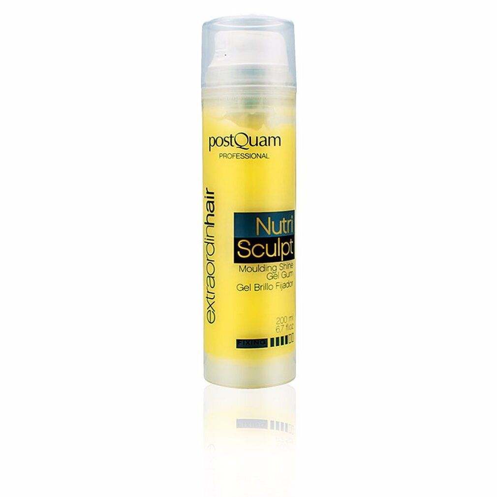 Gel-Flakon NUTRI-SCULPT, gelb, mit Sprühkopf. Aufschrift: Postquam, Nutri Sculpt, Gel Brillo Fijador.