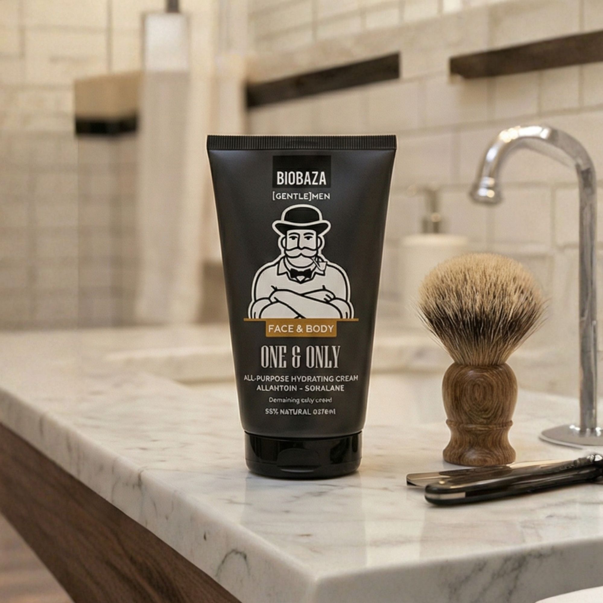 Schwarze Tube mit Produktaufdruck. Aufdruck: Biobaza, Gentleman-Illustration, Schriftzug One & Only, Face & Body.