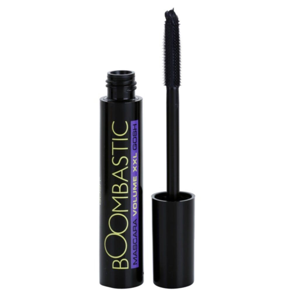 Schwarze Mascara-Tube mit geöffnetem Deckel und Bürste. Aufschrift: BOOMBASTIC GOSH XXL VOLUME MASCARA.