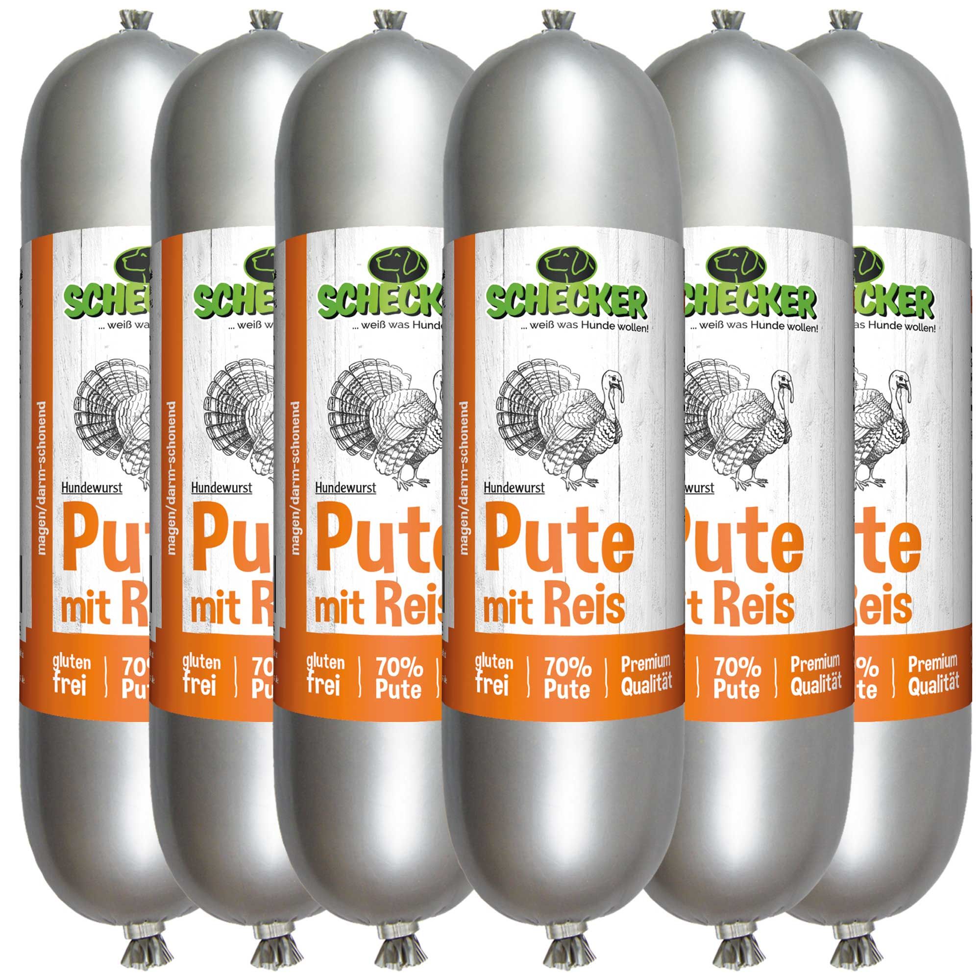 Sechs Würste mit Etikett 'Pute mit Reis'. Aufschrift: Schecker, glutenfrei, 70% Pute. Silberne Verpackung.