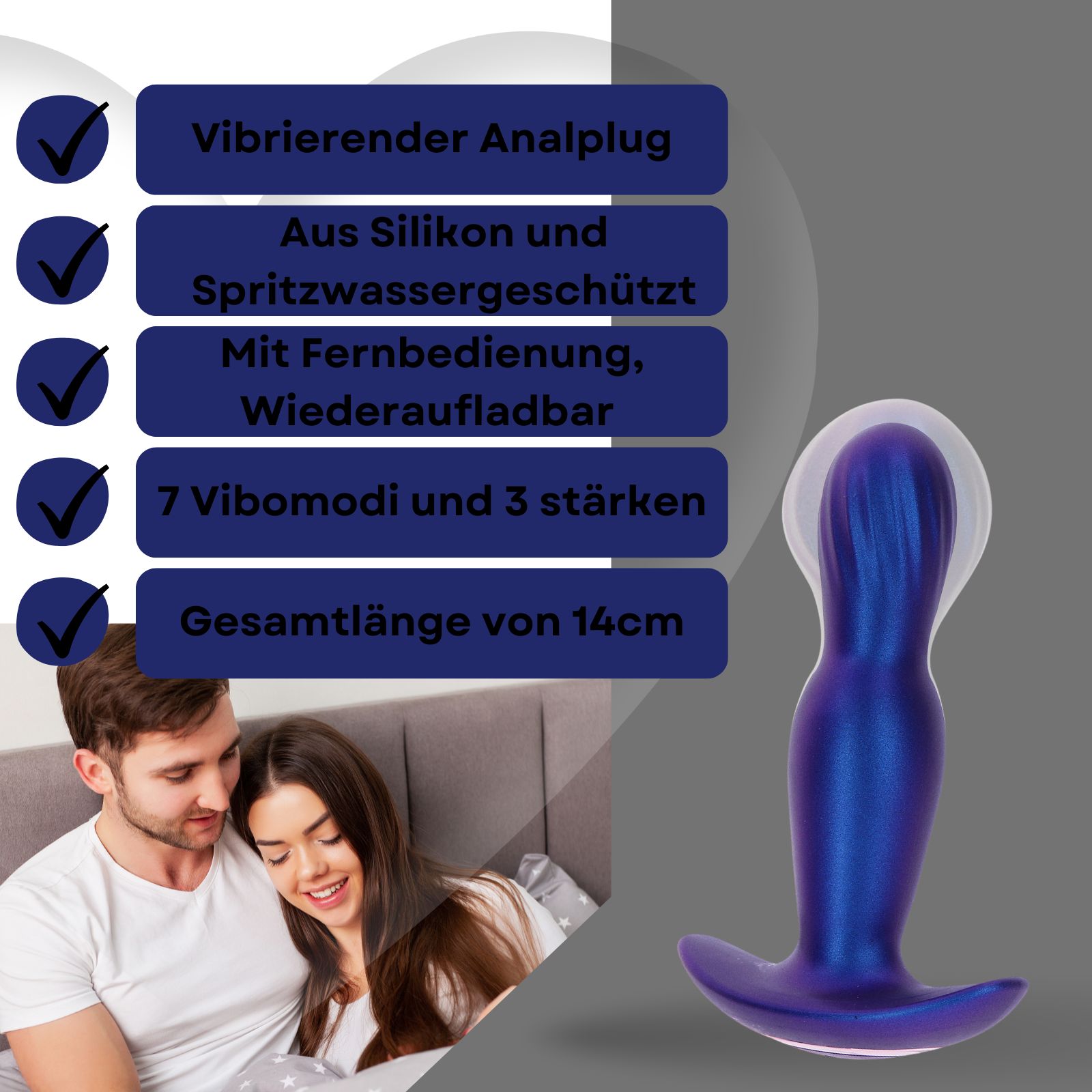 Blauer Analplug mit weißem Rand. Text: Vibrationsfunktion, Silikon, wasserdicht, Fernbedienung, 7 Modi, 14 cm lang.