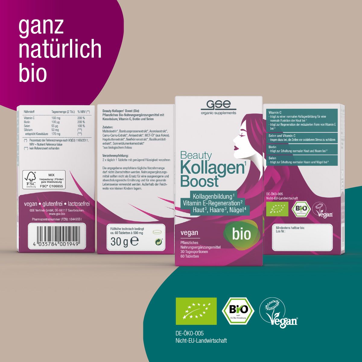 GSE Beauty Kollagen-Boost Bio. Schachtel, geöffnet. Bio-Siegel. Vegan. Text: ganz natürlich bio.