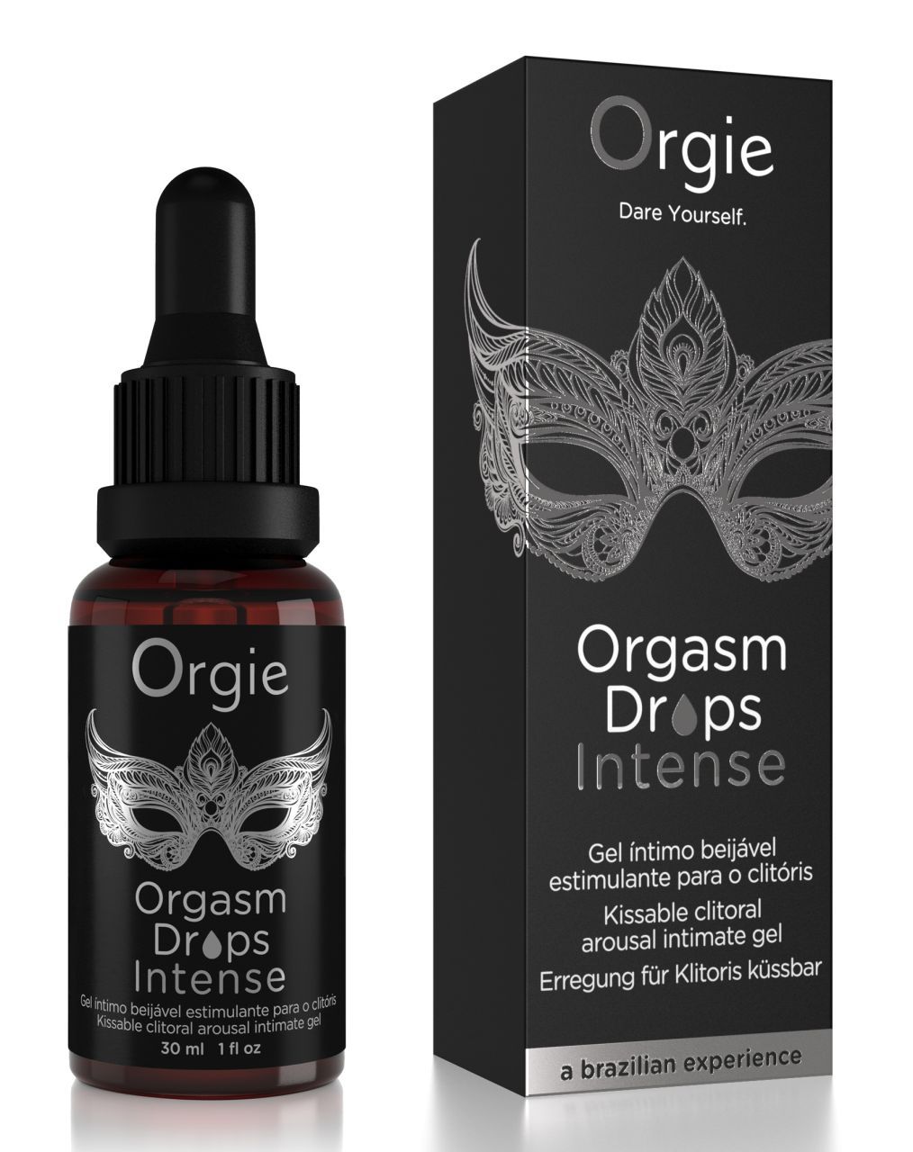 Braune Flasche und schwarze Schachtel. Aufschrift: Orgie, Orgasm Drops Intense. Text in mehreren Sprachen. Masken-Design.