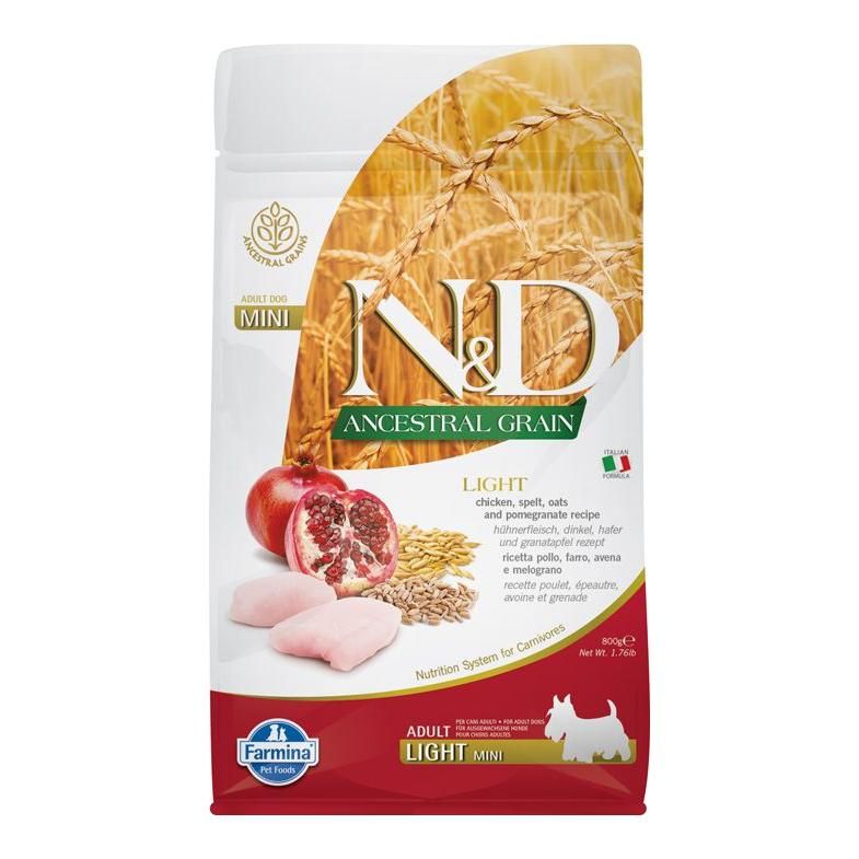 Verpackung Trockenfutter. N&D Ancestral Grain Light Mini. Huhn & Granatapfel. Abbildung von Granatapfel, Huhn und Getreide. Farmina Logo.
