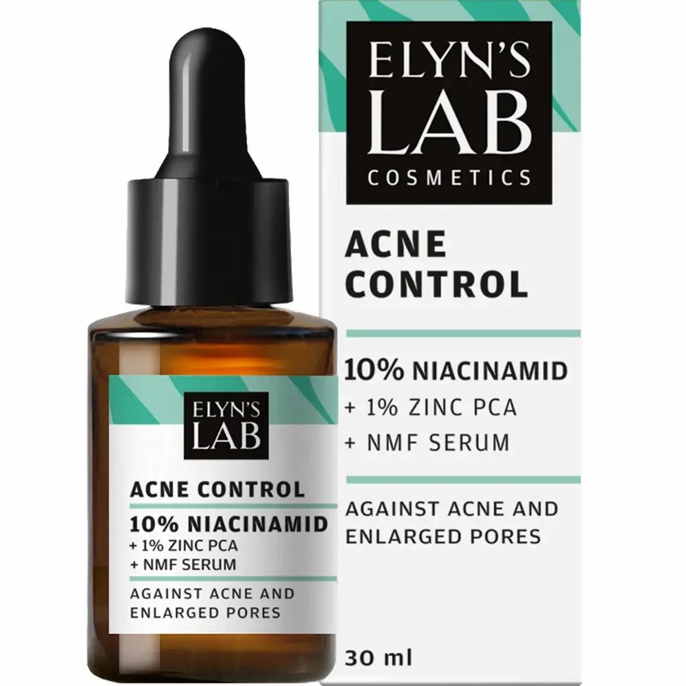 Braune Glasflasche mit Pipette und Schachtel. Aufschrift: ELYN'S LAB, Acne Control, 10% Niacinamid, 1% Zink PCA, NMF Serum. Gegen Akne und vergrößerte Poren. 30 ml.