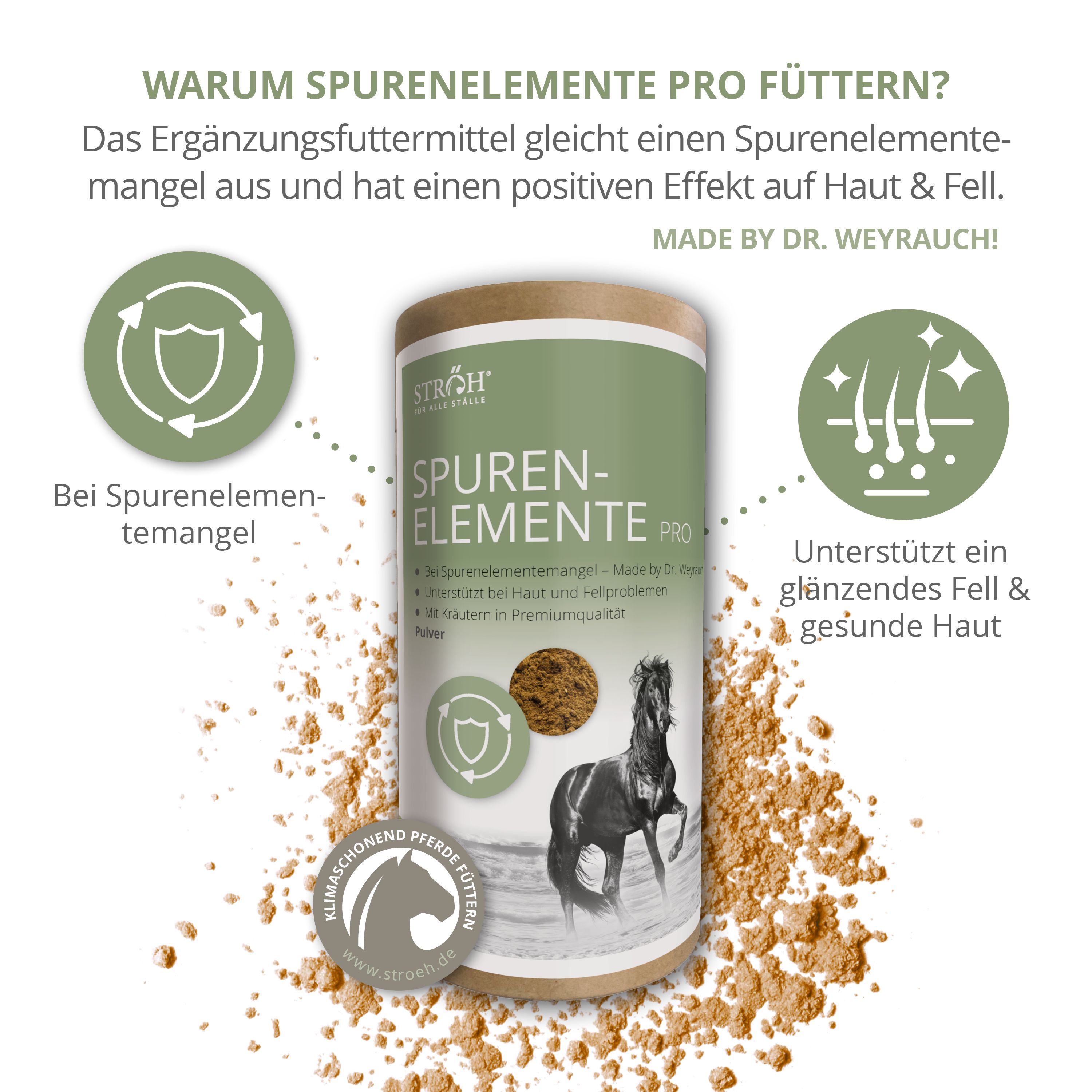 Zylindrische Dose STRÖH Spurenelemente Pro Pulver. Grün-braune Farbgebung. Logo mit Pferd. Text: Spurenelemente Pro, Pulver. Pulver auf Untergrund verteilt.