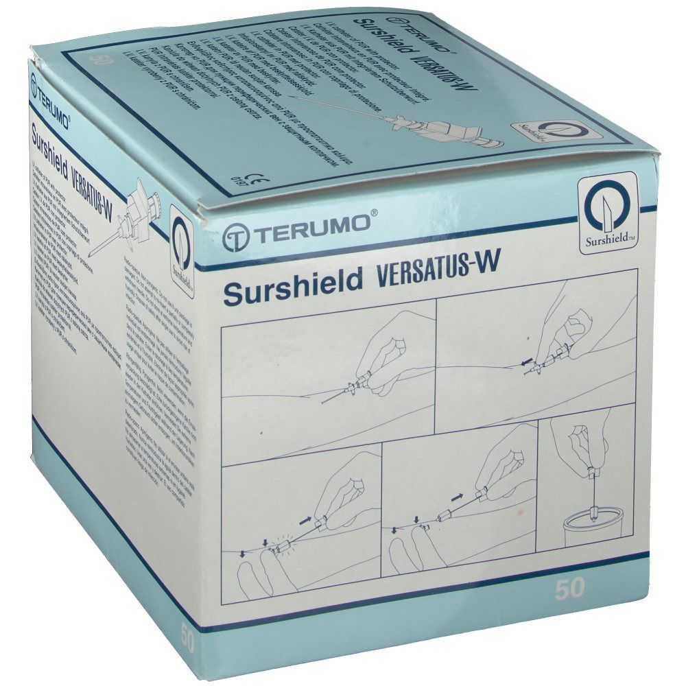 Karton von TERUMO® Surshield Versatus-W. Aufdrucke: Produktname, Logo, Illustrationen, 50 Stück. Hellblauer Hintergrund.