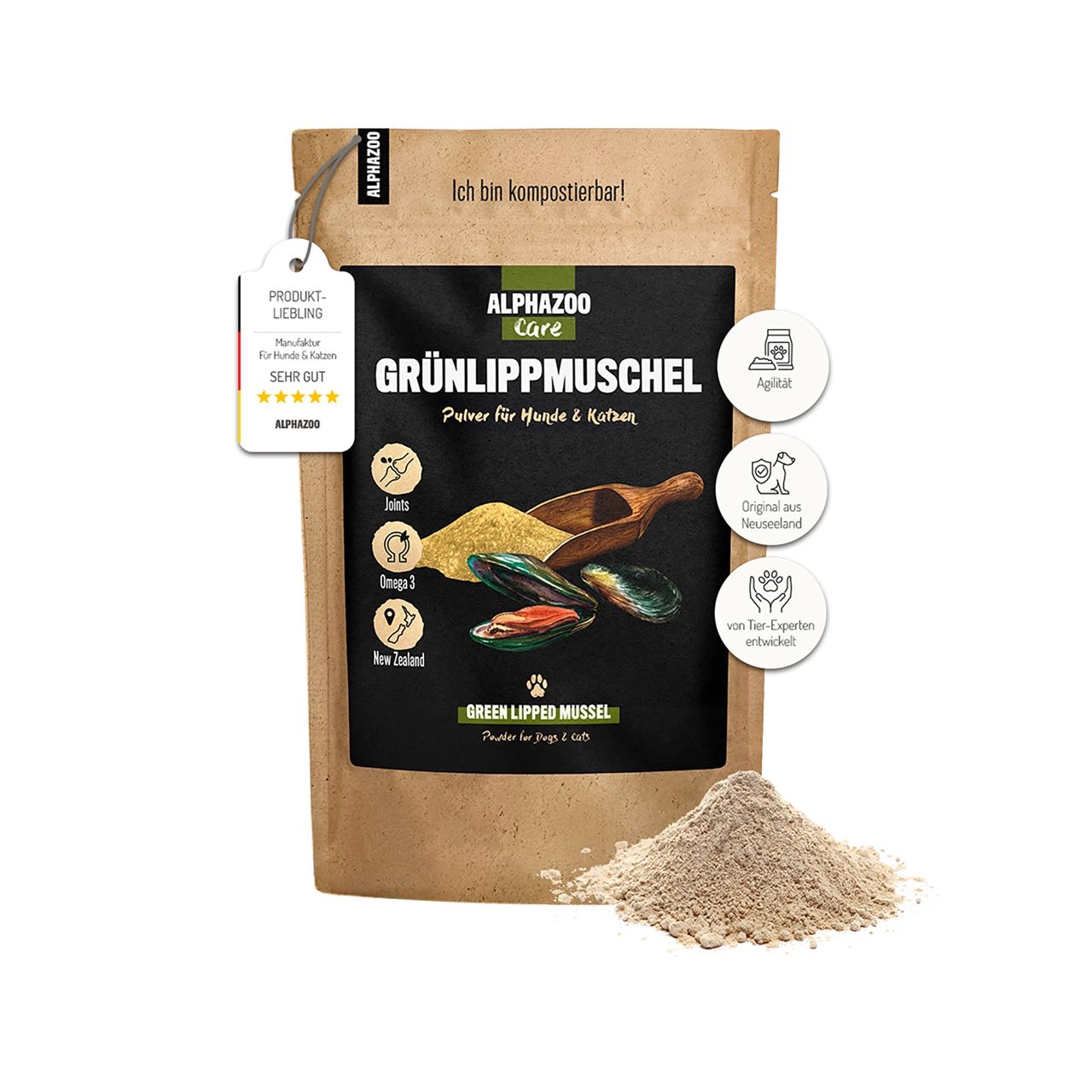 Braune Tüte mit Produktnamen und Logos. Anhänger mit Bewertung. Pulver und Muscheln abgebildet.