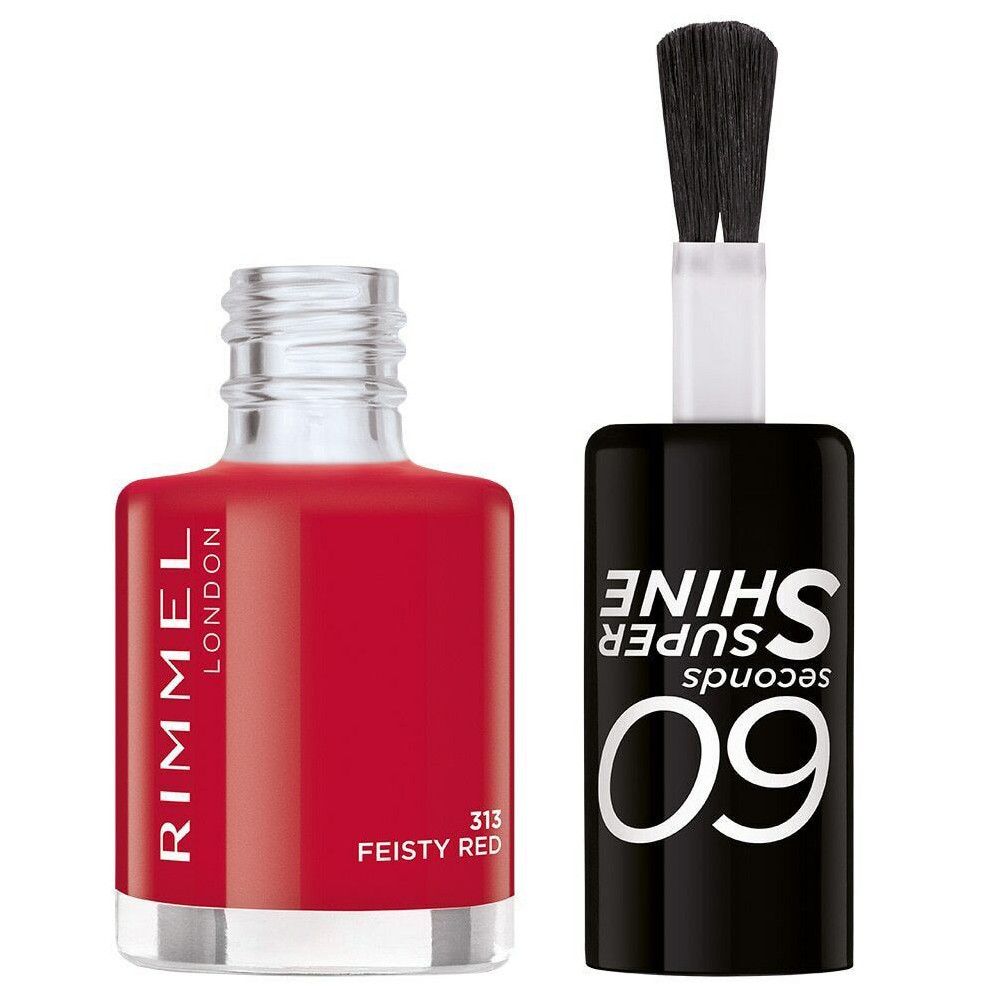Roter Nagellack von Rimmel. Flasche und Pinsel. Schwarzer Pinseldeckel mit weißer Schrift: 60 Seconds Super Shine. Aufschrift: Rimmel London, 313 Feisty Red.