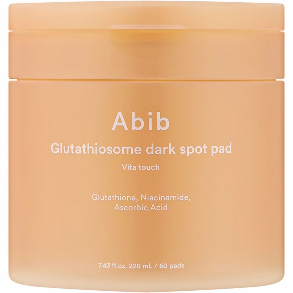Abib Glutathiosome dark spot pad: 220 ml / 60 Pads. Enthält Glutathion, Niacinamid, Ascorbinsäure.