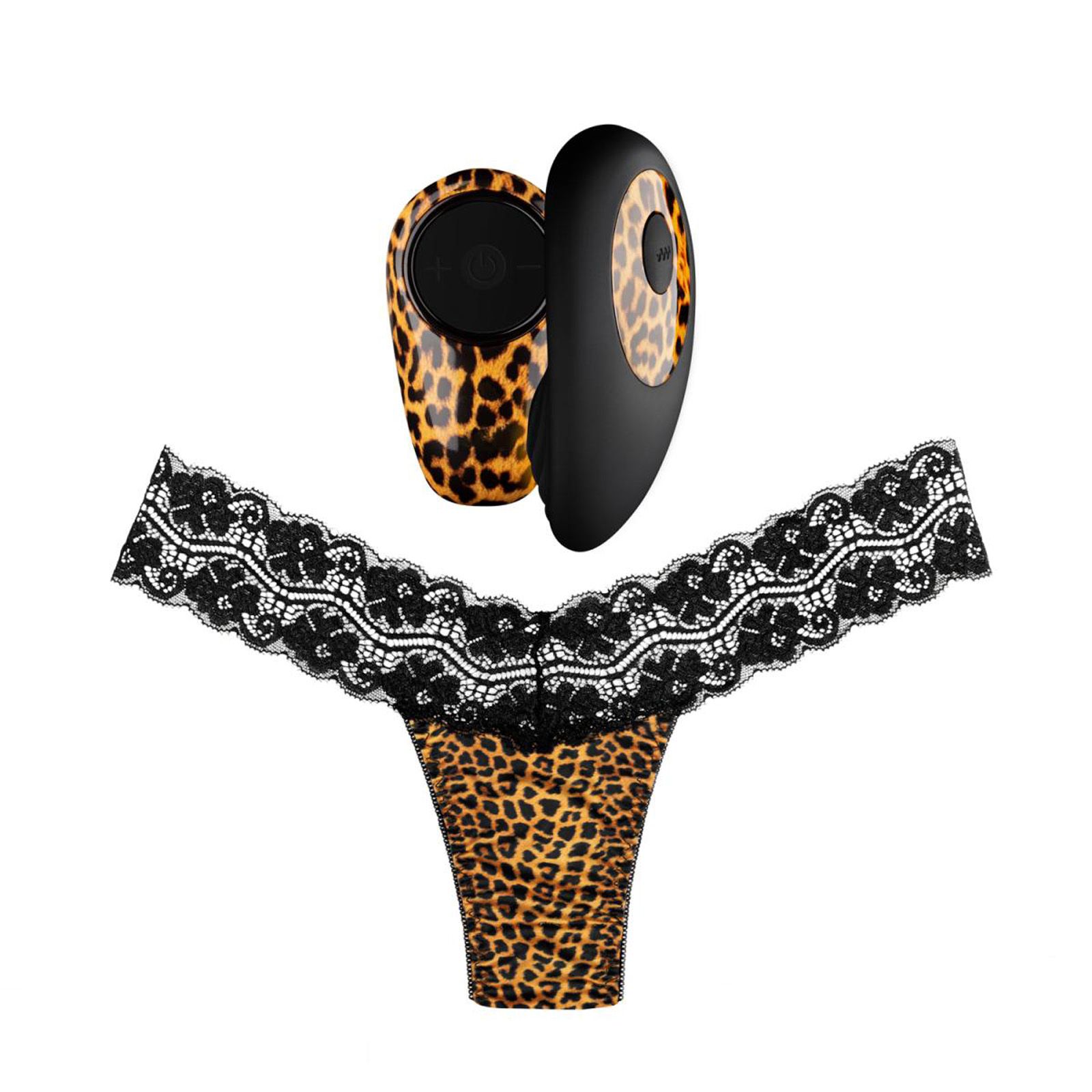 Perizoma leopardato con pizzo nero, accanto a vibratore leopardato e vibratore nero.