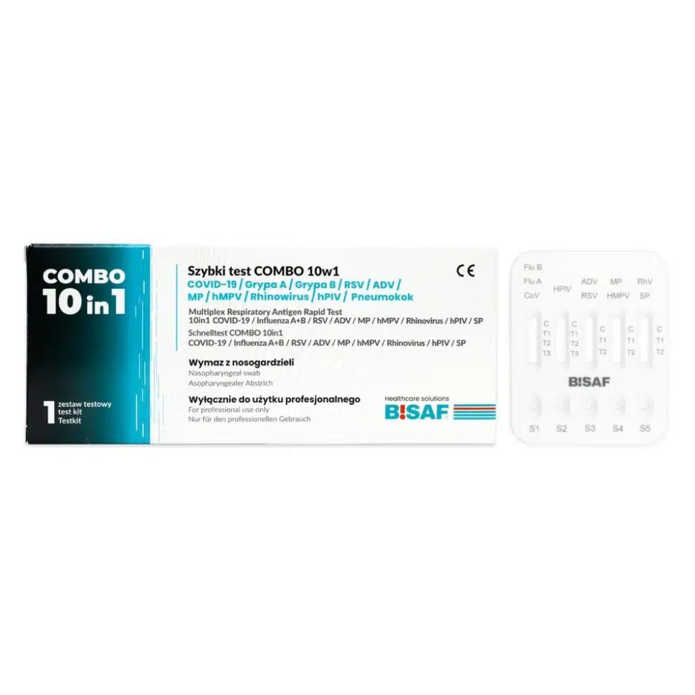 BISAF 10in1 Combo Testkit-Verpackung und Testkassette mit Markierungen für 10 Erreger.