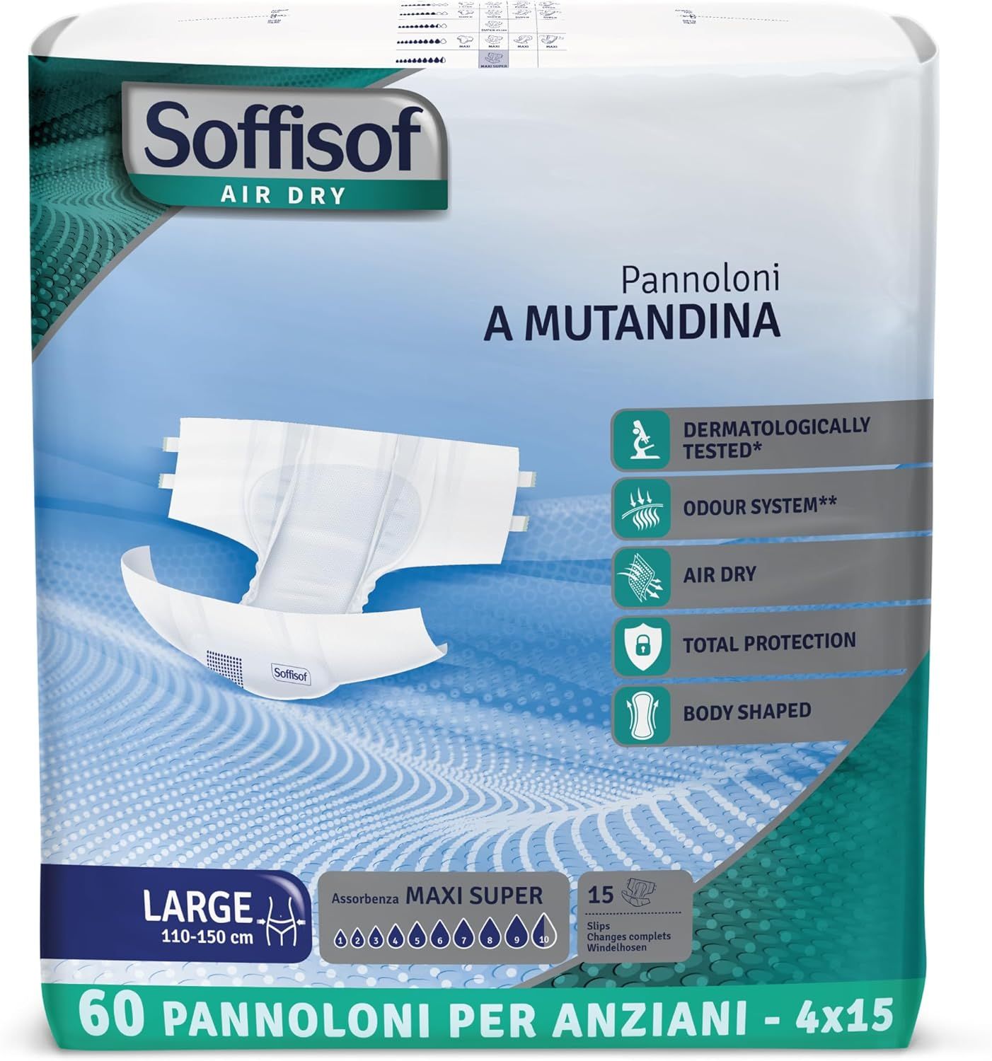 Verpackung von Soffisof Air Dry Windeln für Erwachsene Maxi Super. Größe Large, 60 Stück. Mit Logos und Produktinformationen.