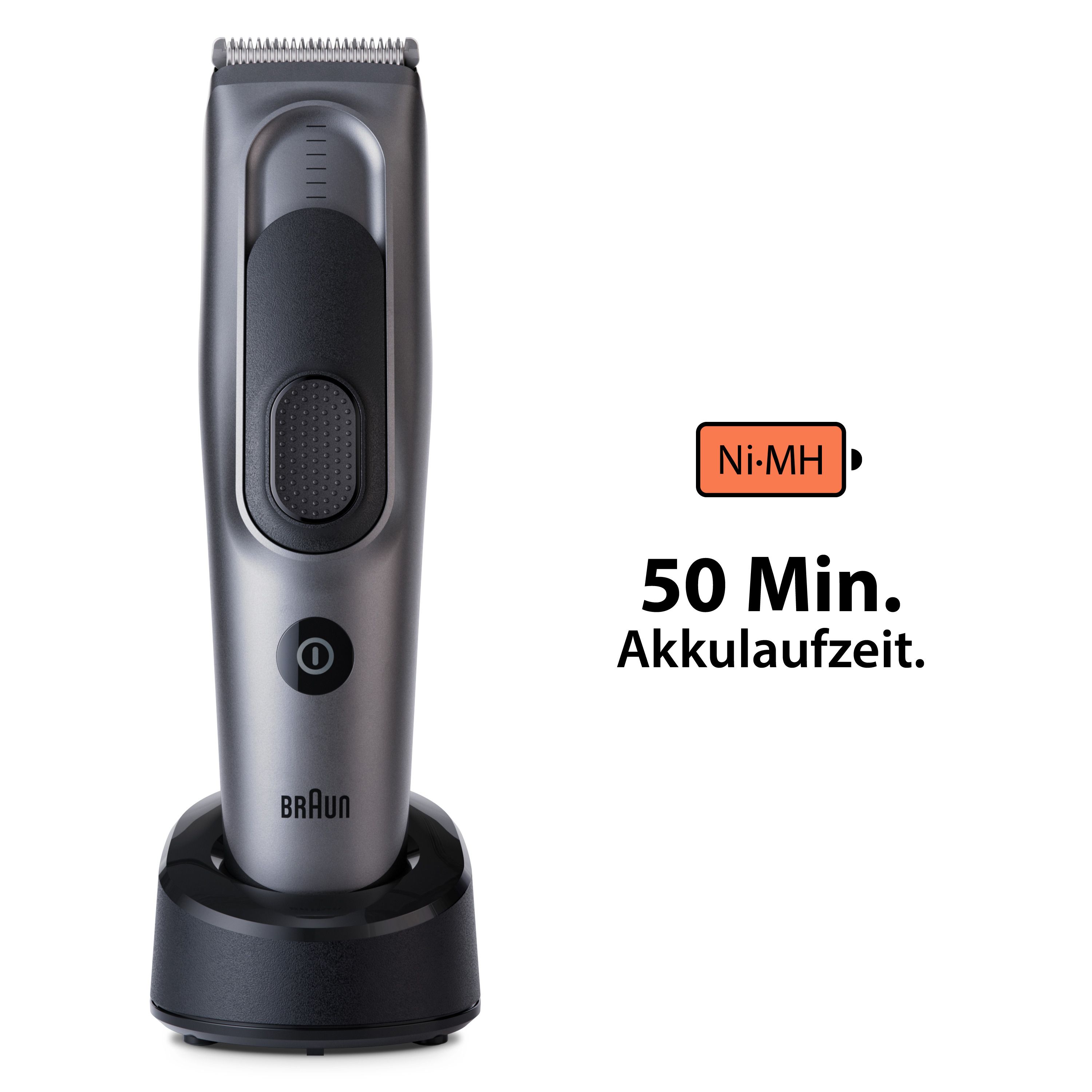 Grauer Haarschneider auf Ladestation. Akku-Anzeige und Schriftzug 'Braun'. 50 Minuten Akkulaufzeit.