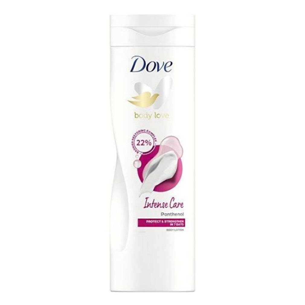 Weiße Flasche Dove Body Love Intense Care Body Lotion. Aufschrift Dove, body love, Intense Care. Enthält Panthenol. Schützt & stärkt in 7 Tagen.