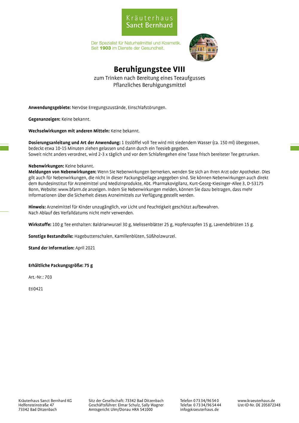 Sanct Bernhard Beruhigungstee VIII