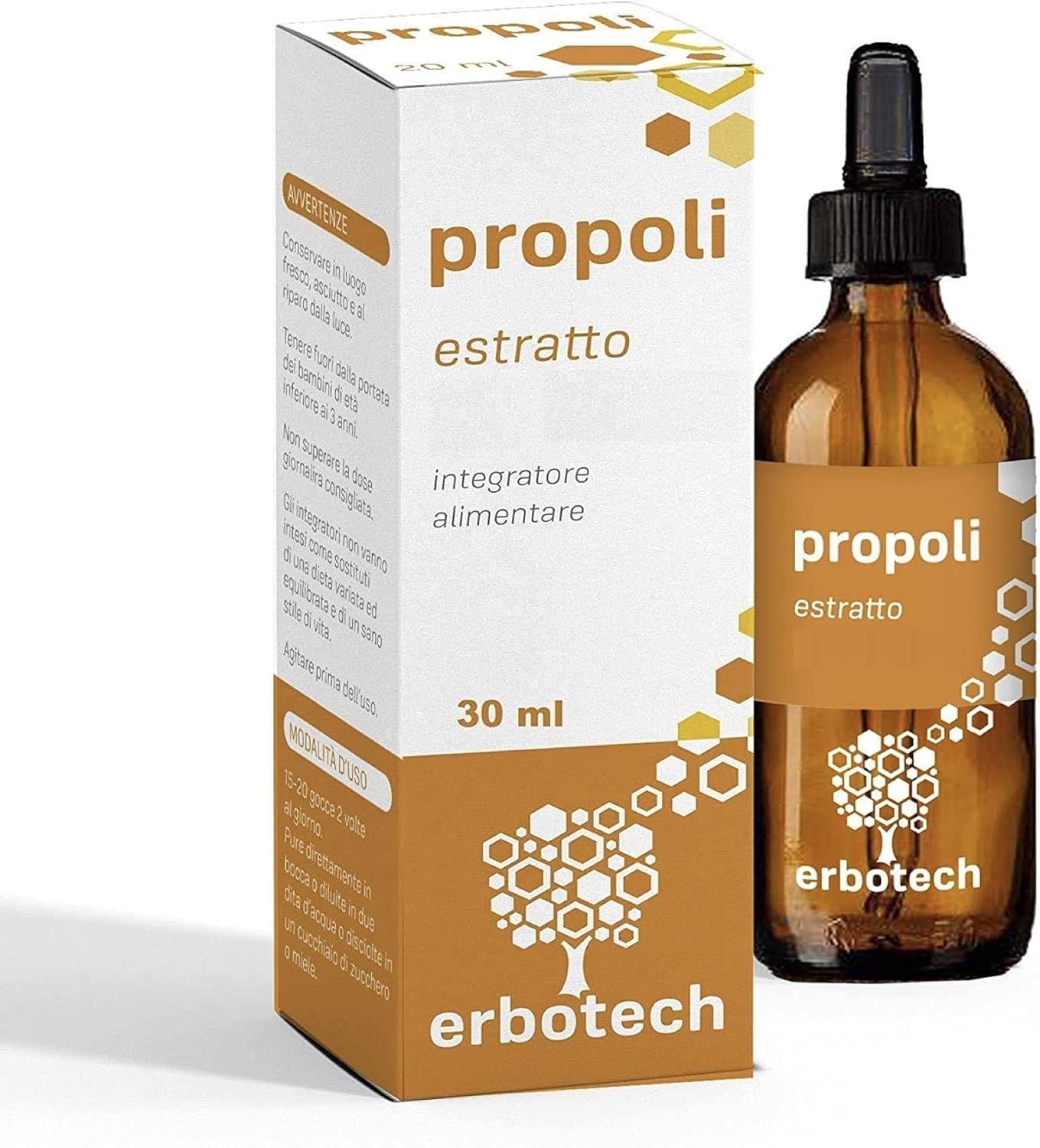 Braune Glasflasche und Schachtel mit Produktaufschrift 'propoli estratto'. Marke: Erbotech. Tropfflasche.