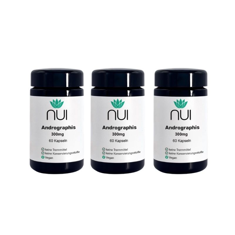 Drei schwarze Flaschen mit weißem Etikett. Aufschrift: NUI Andrographis, 300mg, 60 Kapseln. Vegan.