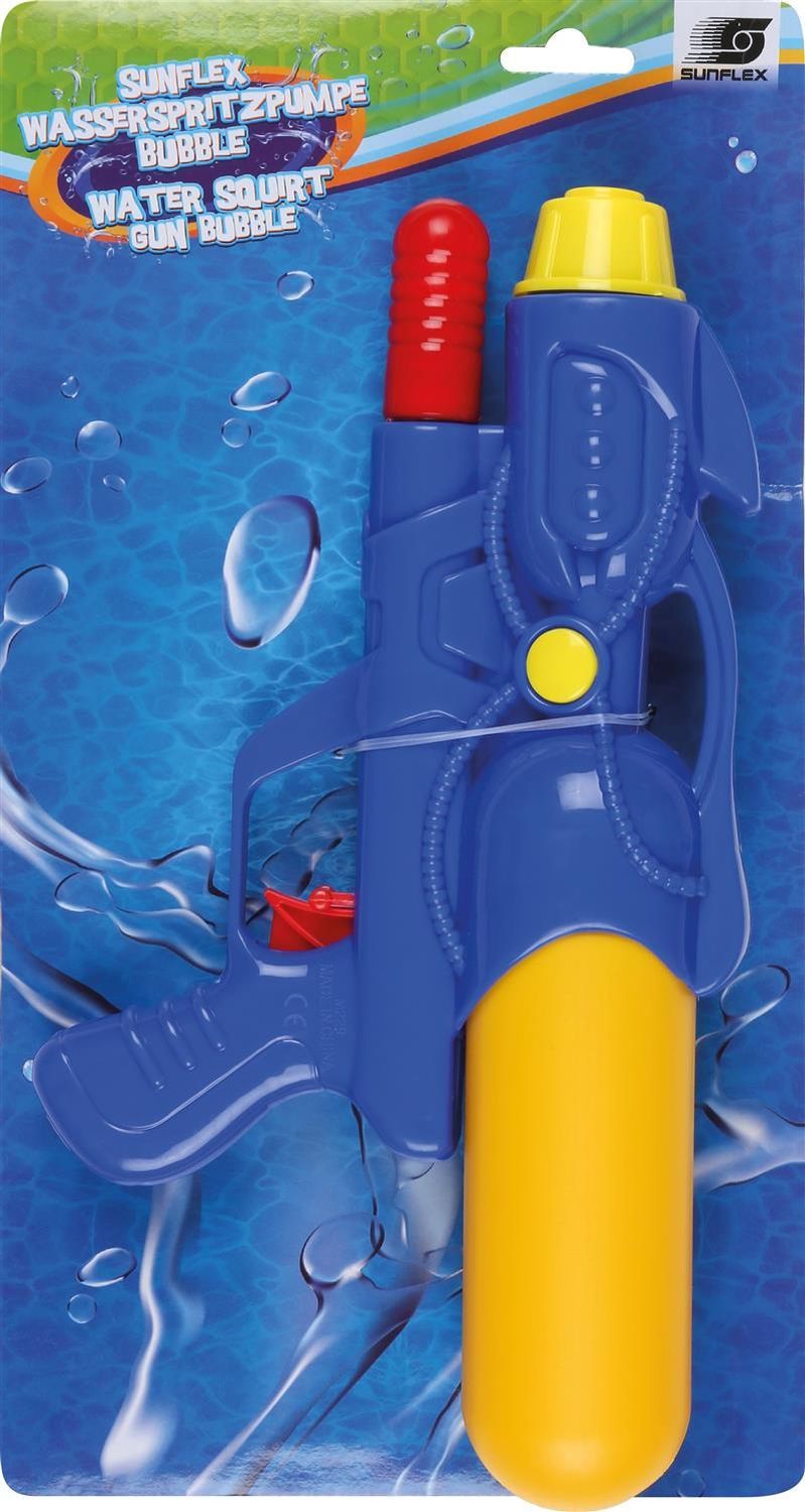 Wasserspritzpistole in Verpackung. Blau, gelb und rot. Text: Sunflex Wasserspritzpumpe Bubble, Water Squirt Gun Bubble.