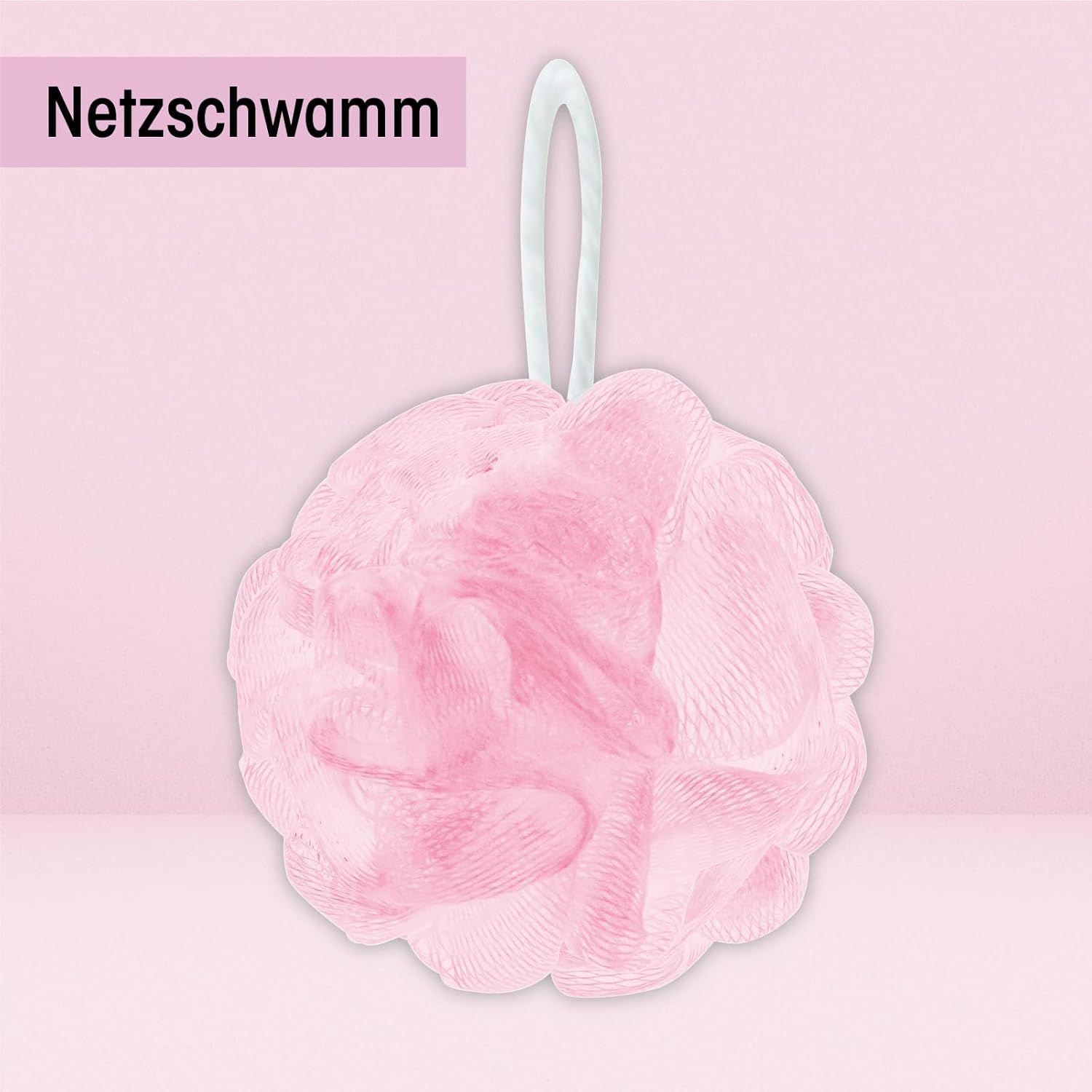 Rosa Badeschwamm mit weißem Band. Runde Form. Aufhängeschlaufe. Für die Körperpflege.