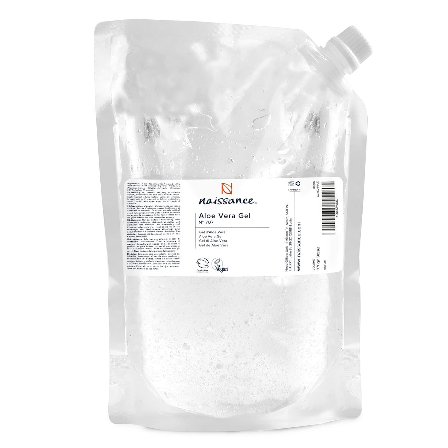 Transparente Standbeutel mit Naissance Aloe Vera Gel. Aufkleber mit Produktinformationen und Logo. Weißer Schraubverschluss.