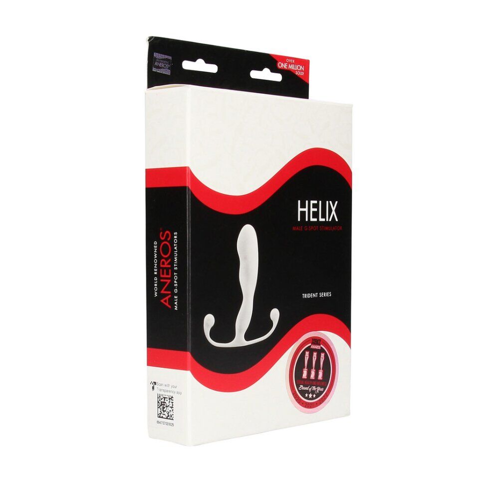 Verpackung für den Aneros Helix G-Punkt-Stimulator in Weiß mit schwarzer und roter Beschriftung.