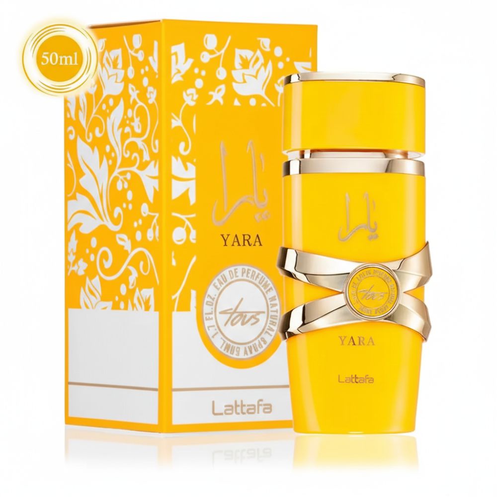 Gelber Flakon und Verpackung. Aufschrift "Yara" und "Lattafa".