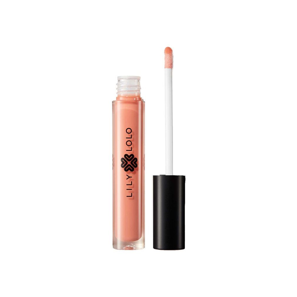 Lipgloss-Fläschchen mit Applikator. Klarer Lipgloss, offene Flasche. Schwarzer Deckel, weißer Stiel. Aufschrift: LILY LOLO.