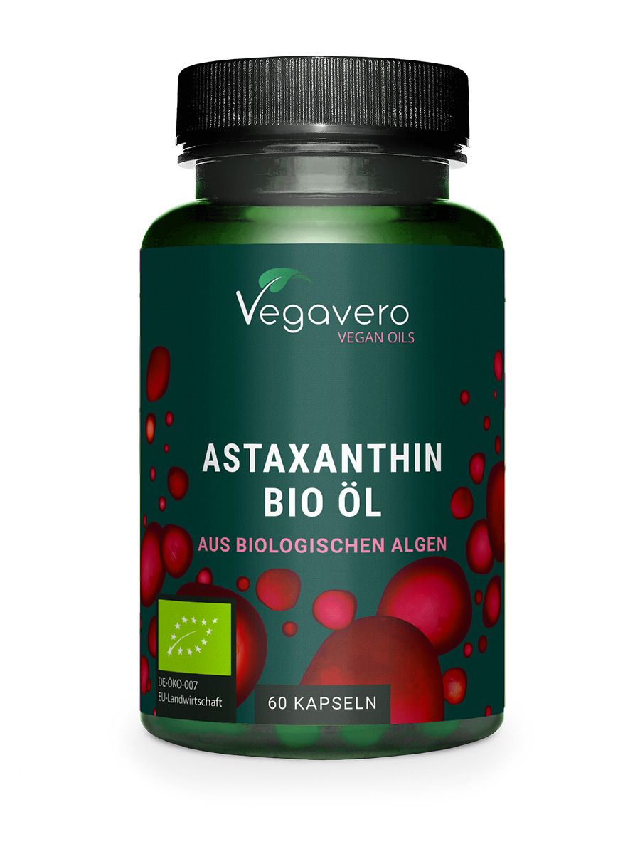 Grüne Flasche mit schwarzen Deckel. Aufschrift: Astaxanthin Bio Öl. 60 Kapseln. Bio-Siegel.