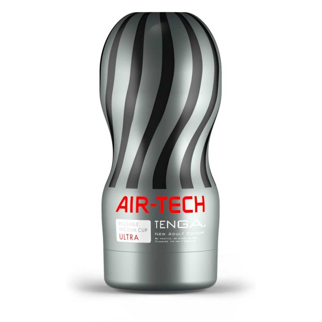 Graues Air-Tech Ultra Produkt mit schwarzen Streifen. AIR-TECH und TENGA Logos sind sichtbar.