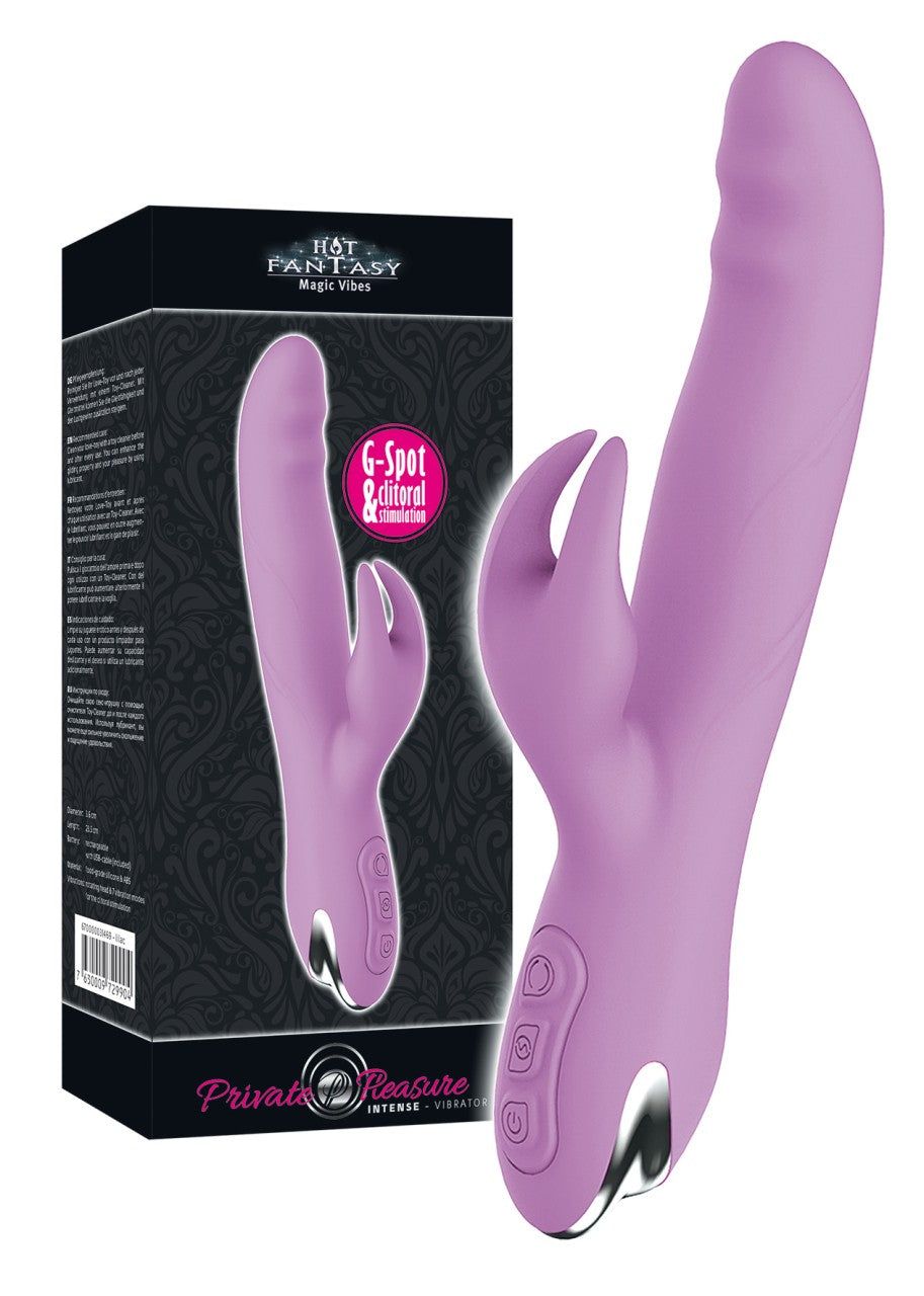 Lila Vibrator mit zwei Stimulationsbereichen. Auf der Verpackung steht "Hot Fantasy Magic Vibes".