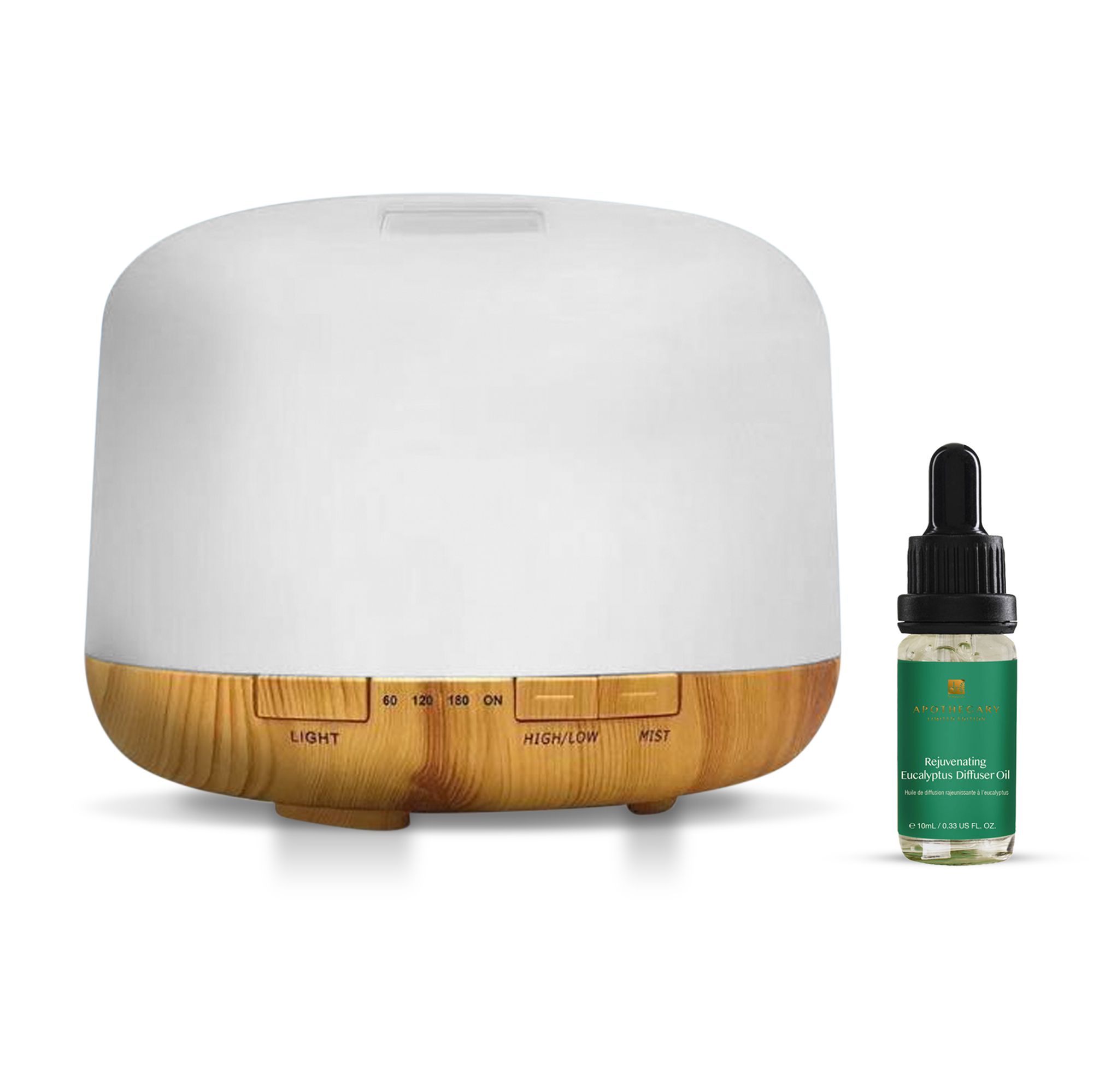 Weißer Diffusor mit Holzbasis und Flasche ätherisches Öl. Auf dem Diffusor: Light, High/Low, Mist. Auf der Flasche: Rejuvenating Eucalyptus.