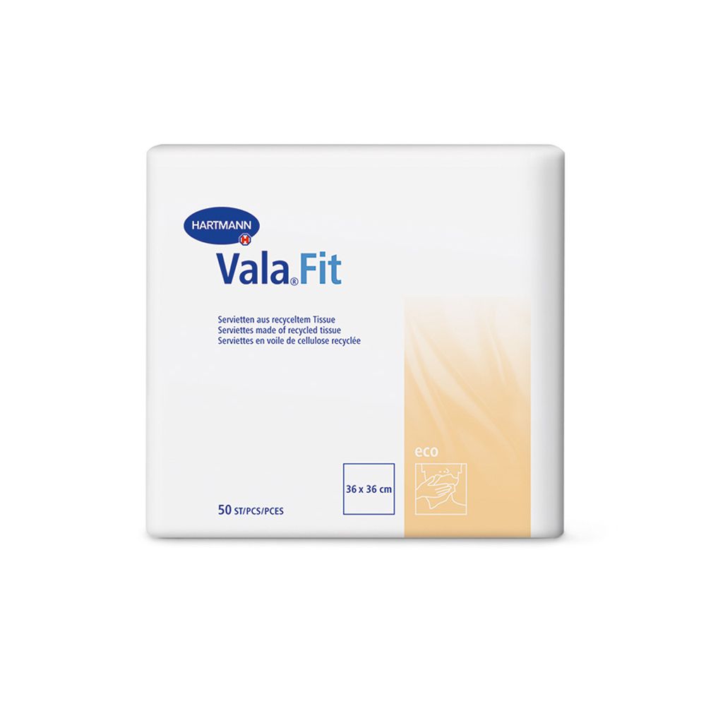 Verpackung von Vala®Fit eco Einmal-Servietten. Quadratische Form, weiß. Aufdruck mit Logo, Produktbezeichnung, Größe 36x36 cm und 50 Stück.