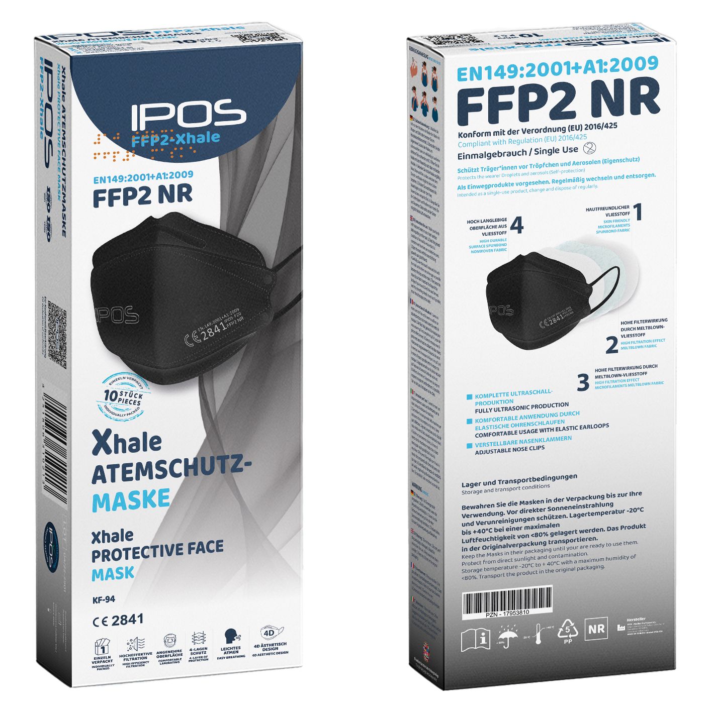 IPOS FFP2 Xhale Atemschutzmaske in Box. Schwarze Maske, einzeln verpackt. CE 2841. 10 Stück. EN149:2001+A1:2009. Rückseite mit Informationen.