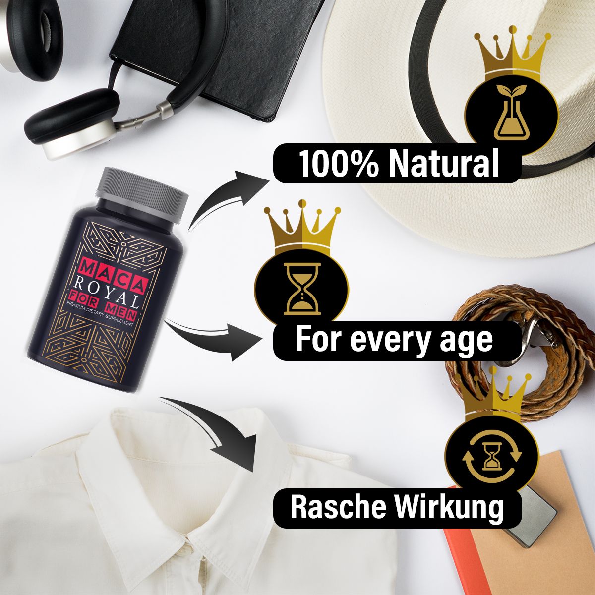 Flasche mit MACA ROYAL FOR MEN. Text: 100% Natural, For every age, Rasche Wirkung. Accessoires: Hut, Gürtel, Hemd.
