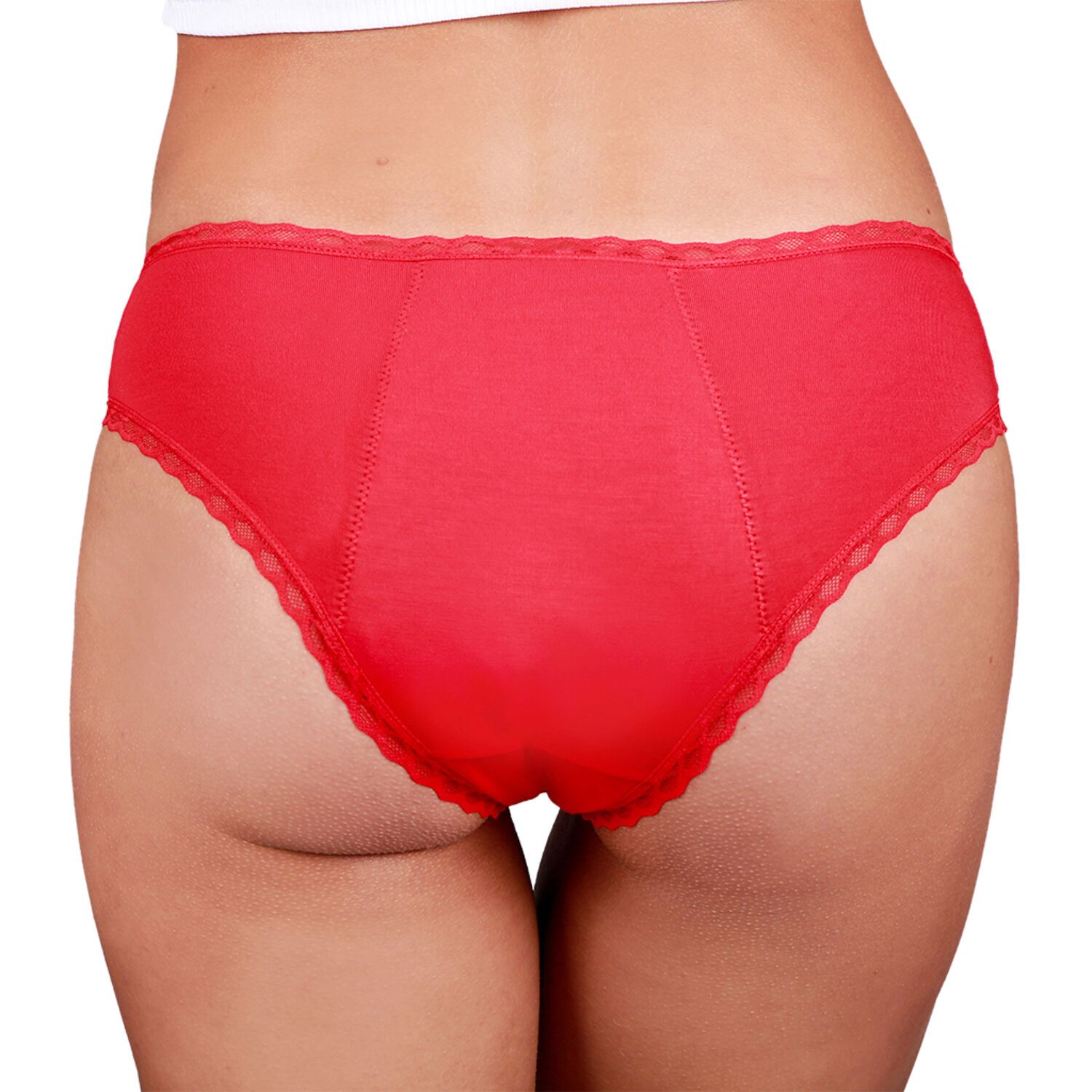 Roter Periodenslip mit Spitze. Rückansicht, teilweise getragen. Stoffstruktur erkennbar.
