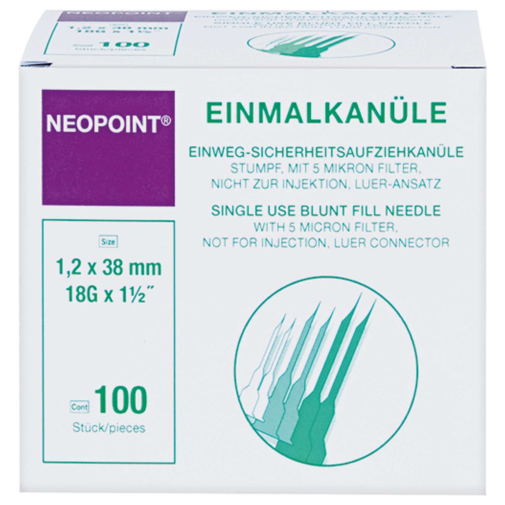 Neopoint Einweg-Sicherheitsaufziehkanüle 18G 1,2 x 38 mm mit Filter