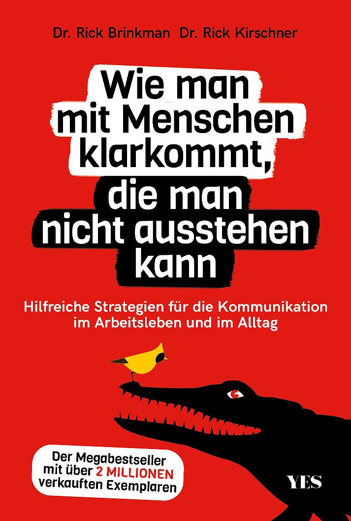 Buchcover mit rotem Hintergrund. Titel: Wie man mit Menschen klarkommt. Illustration: Vogel auf Krokodil. Autoren: Dr. Brinkman, Dr. Kirschner.