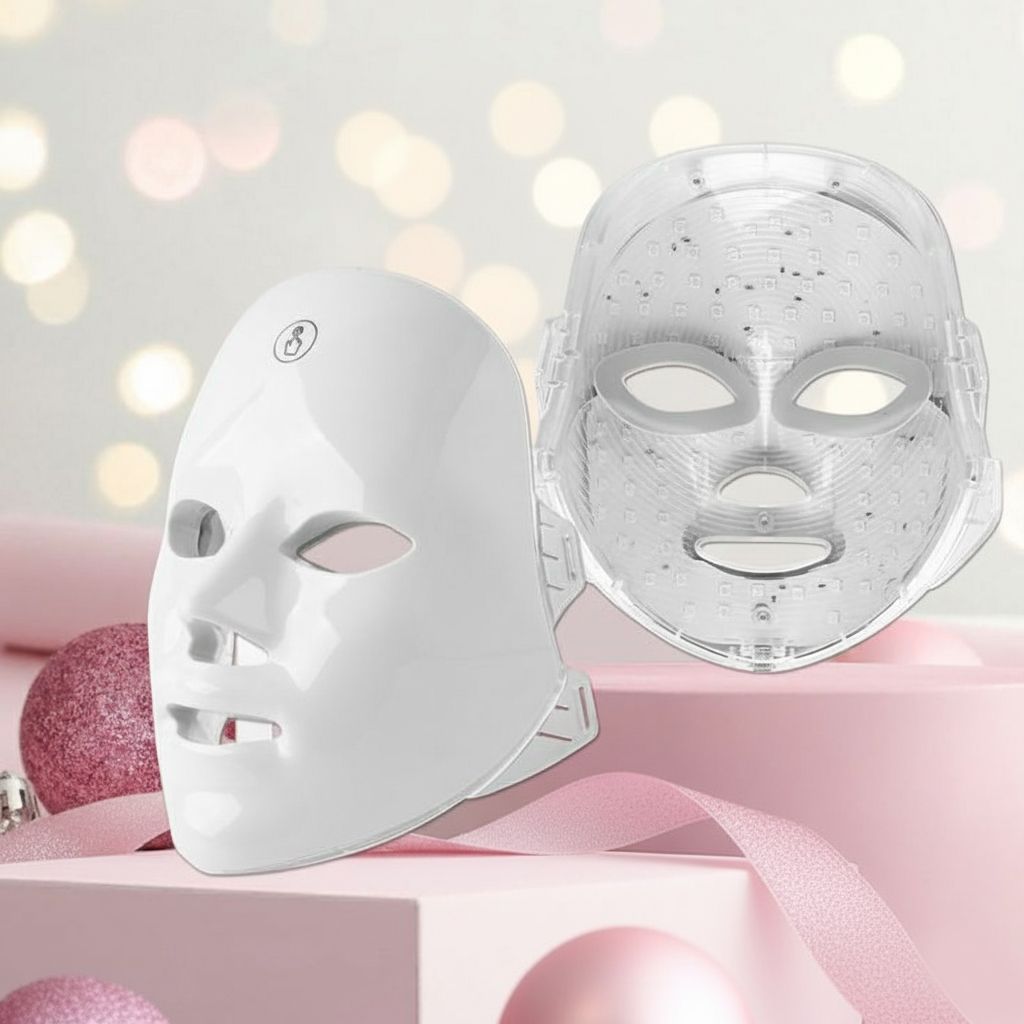 Zwei weiße LED-Gesichtsmasken. Eine Maske mit LED-Lichtern, die andere ohne. Beide haben Öffnungen für Augen, Nase und Mund.