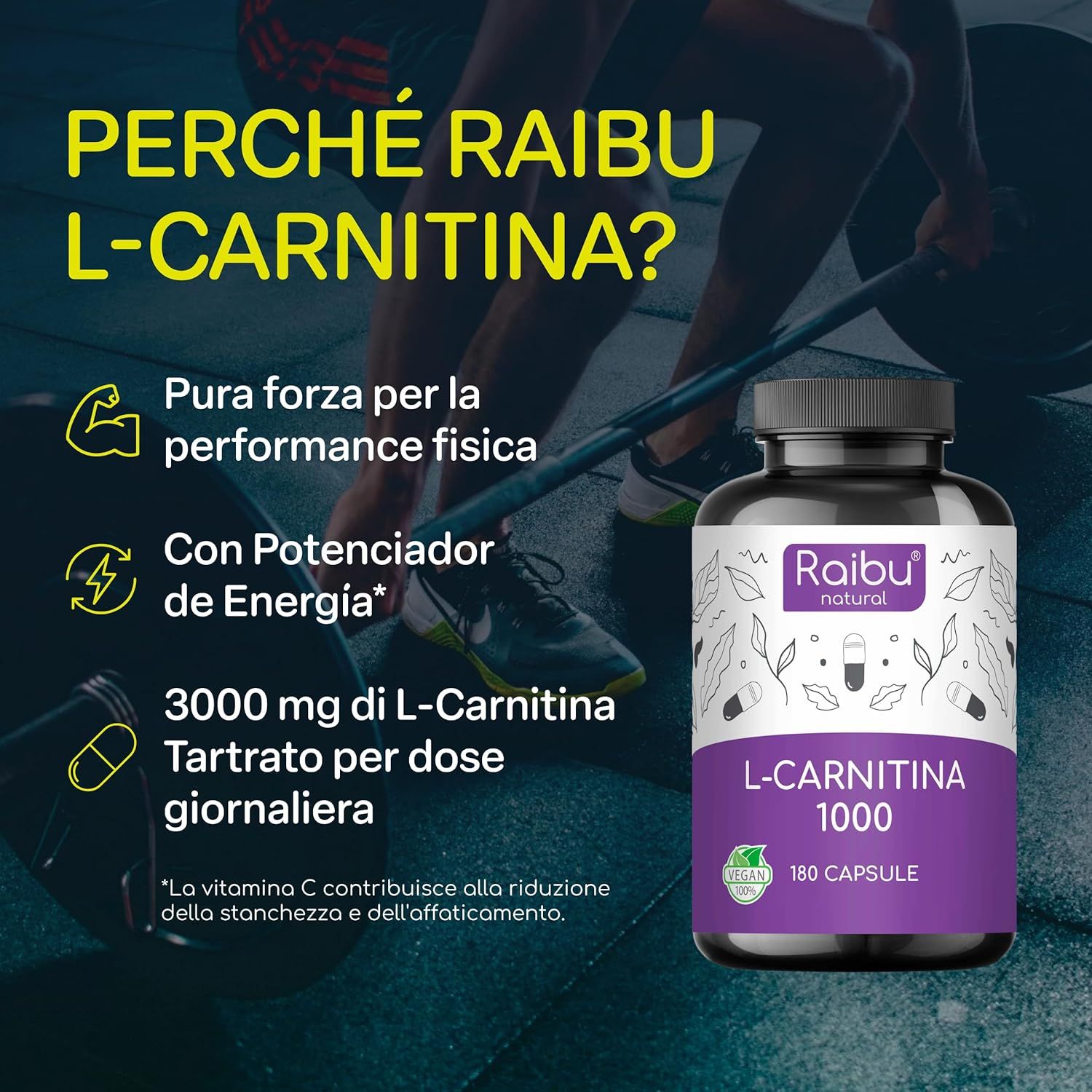 Flacone di L-Carnitina 1000 accanto a uomo con manubrio. Testo: 3000 mg di L-Carnitina per dose giornaliera.