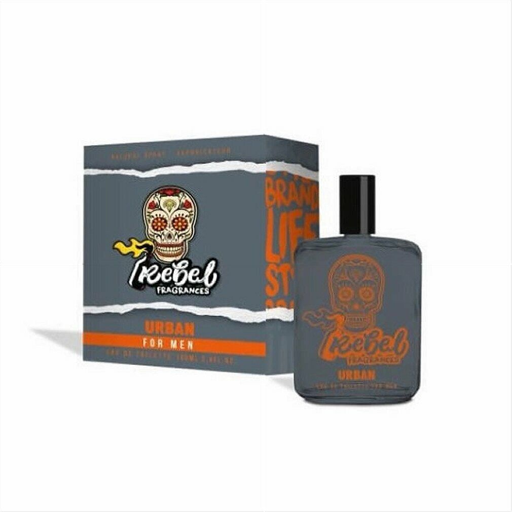 Graue Flasche und Schachtel mit Totenkopf-Design. Aufschrift: Rebel Urban For Men.